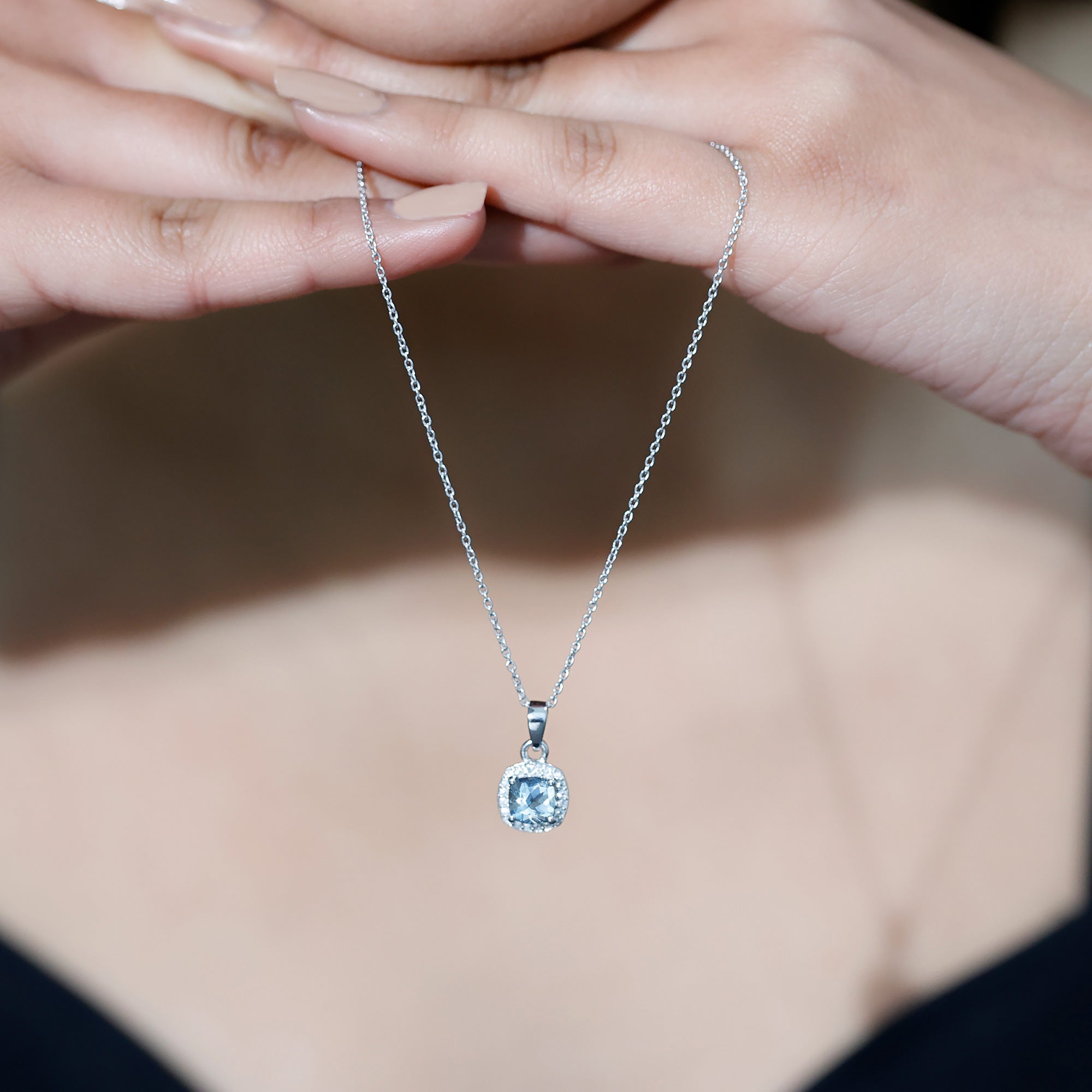 Cushion Cut 6 MM Aquamarine and Moissanite Halo Necklace in Silver
