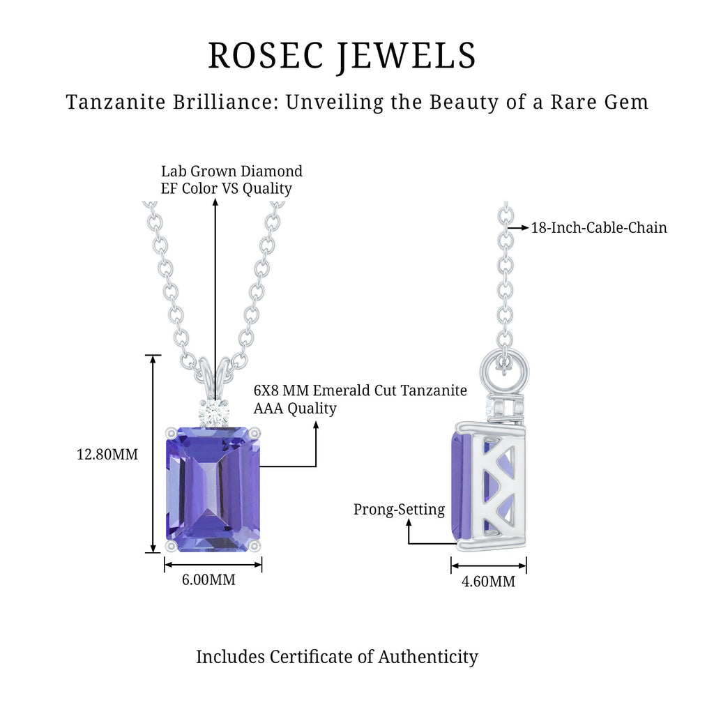 Emerald Cut 6X8 MM Tanzanite Solitaire Necklace with Silver Chain