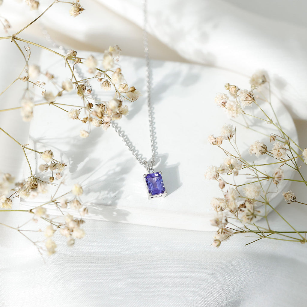 Emerald Cut 6X8 MM Tanzanite Solitaire Necklace with Silver Chain