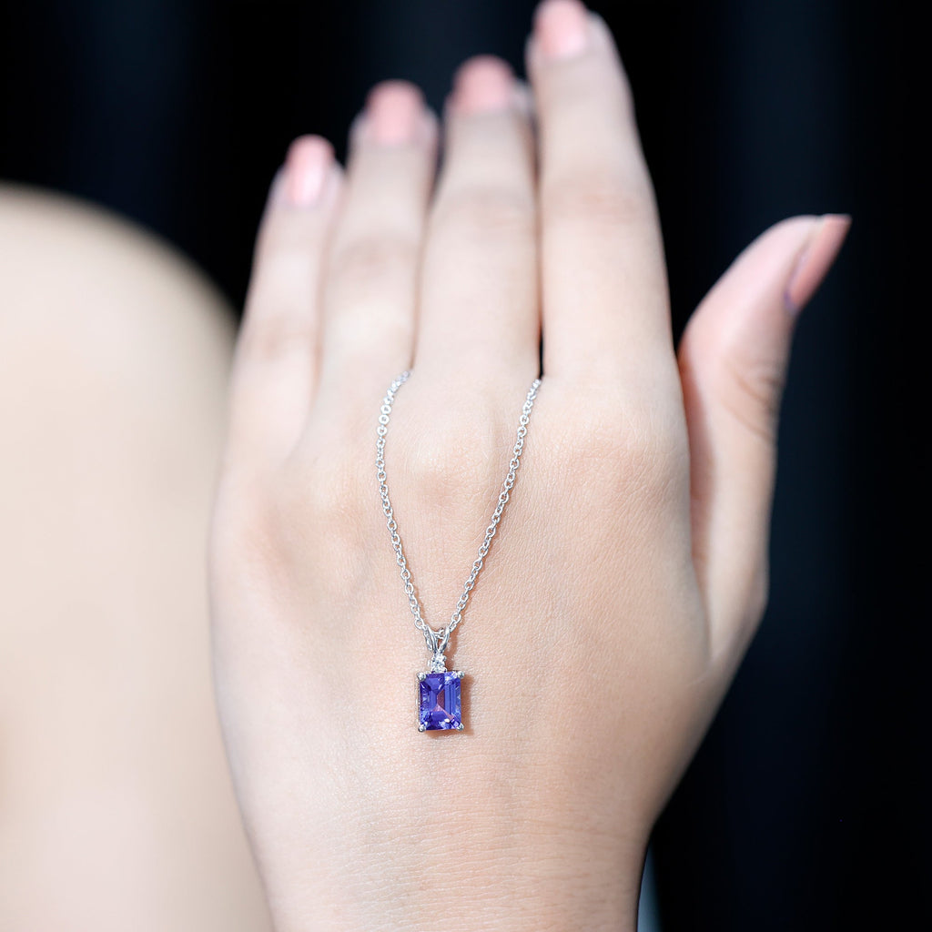 Emerald Cut 6X8 MM Tanzanite Solitaire Necklace with Silver Chain