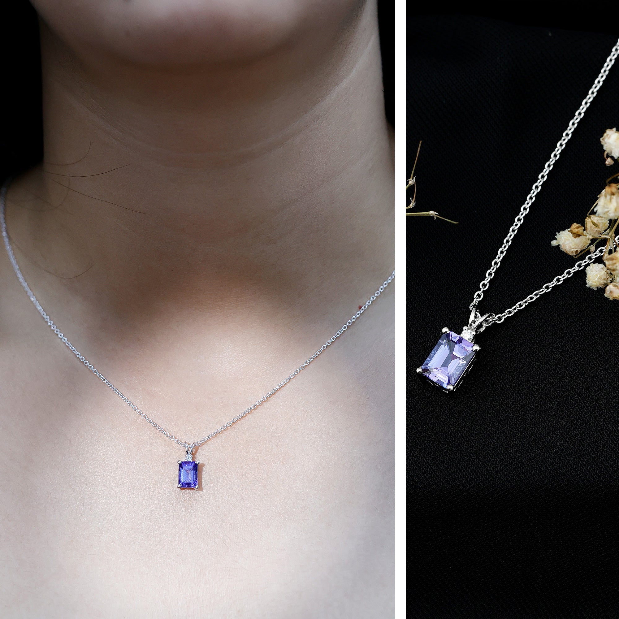 Emerald Cut 6X8 MM Tanzanite Solitaire Necklace with Silver Chain