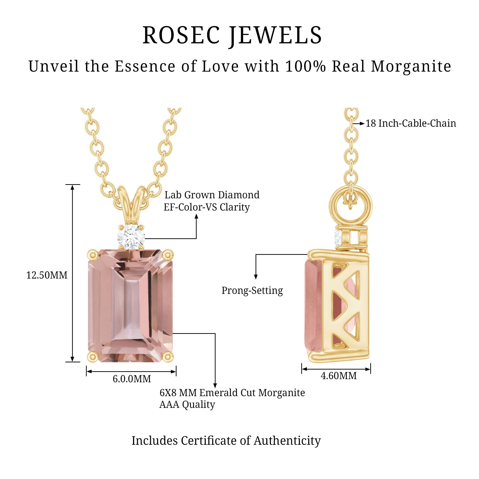 Certified Emerald Cut Morganite Solitaire Necklace with Silver Chain
