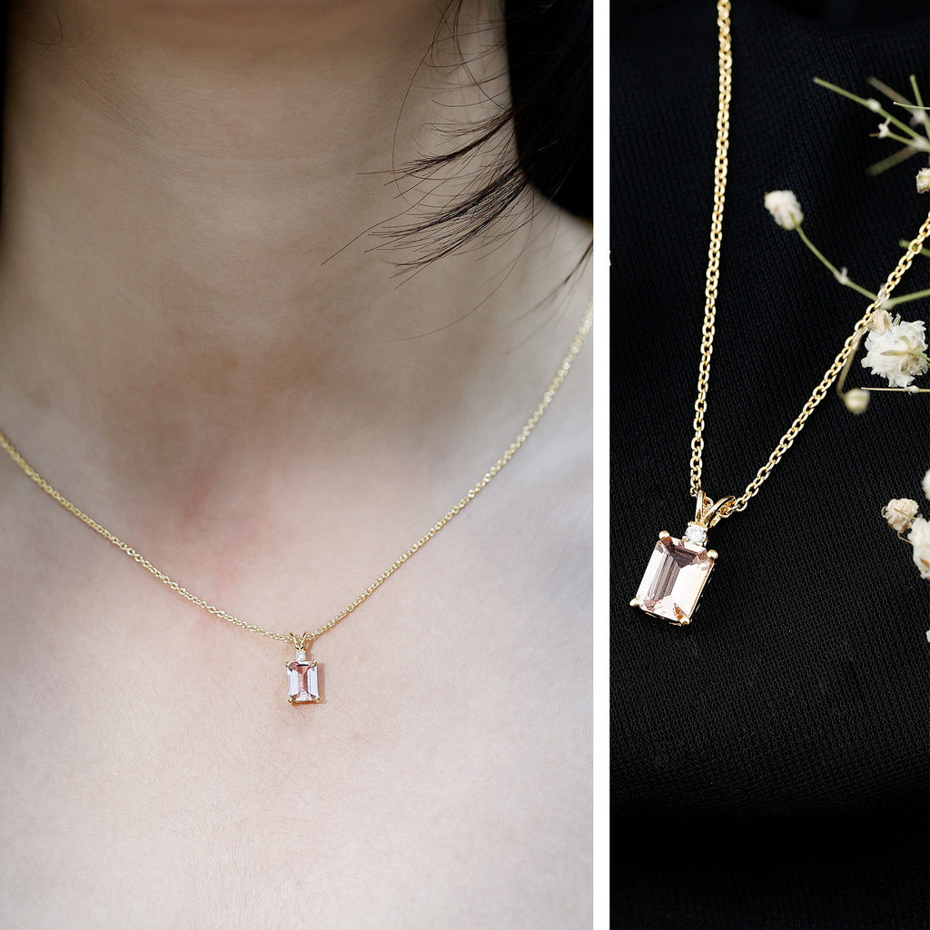 Certified Emerald Cut Morganite Solitaire Necklace with Silver Chain