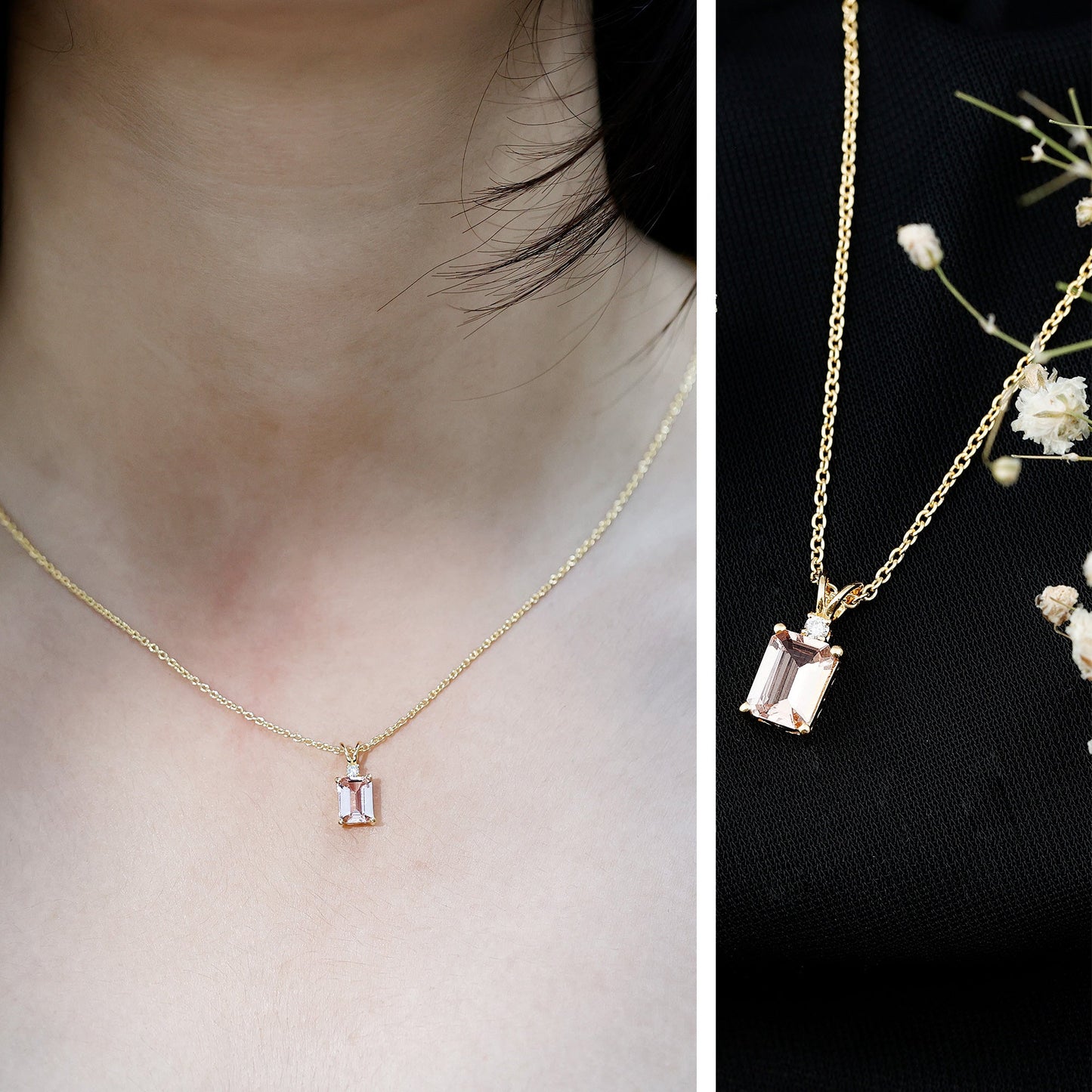 Certified Emerald Cut Morganite Solitaire Necklace with Silver Chain