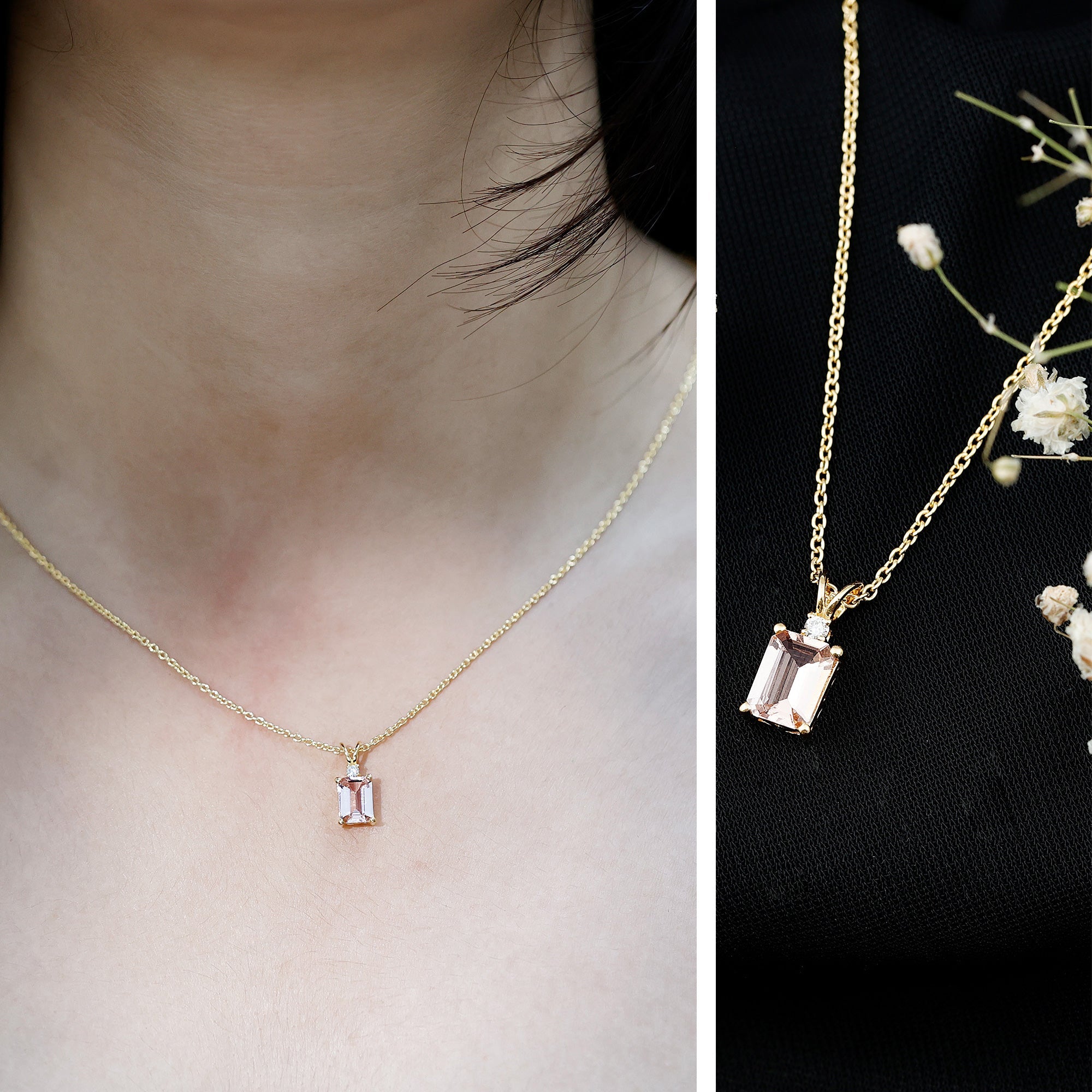 Certified Emerald Cut Morganite Solitaire Necklace with Silver Chain