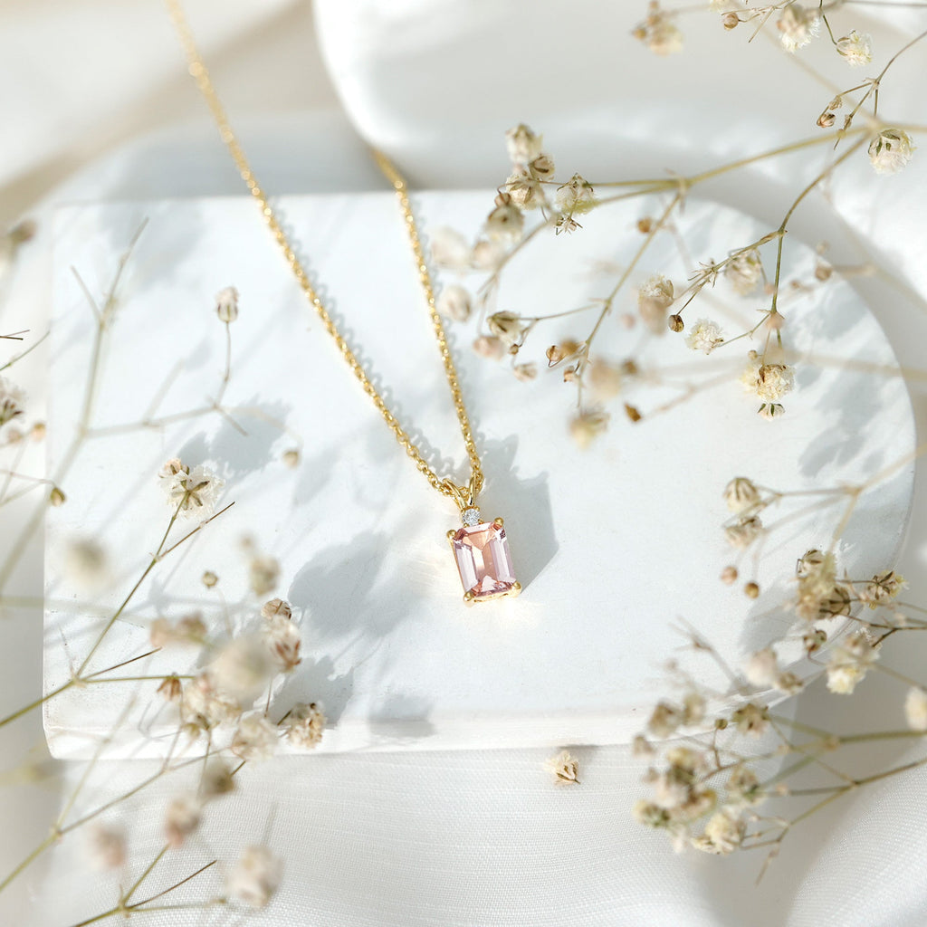 Certified Emerald Cut Morganite Solitaire Necklace with Silver Chain