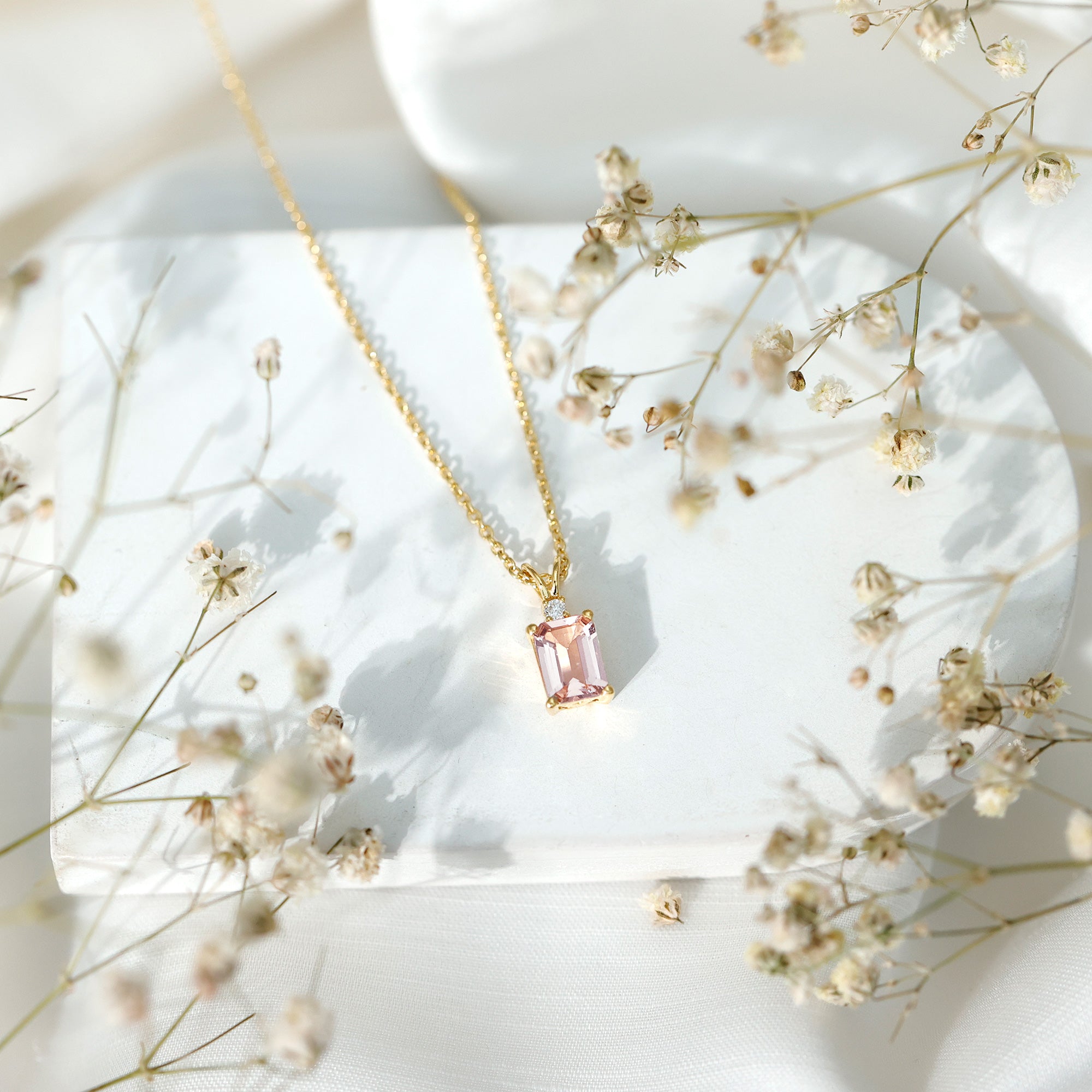 Certified Emerald Cut Morganite Solitaire Necklace with Silver Chain