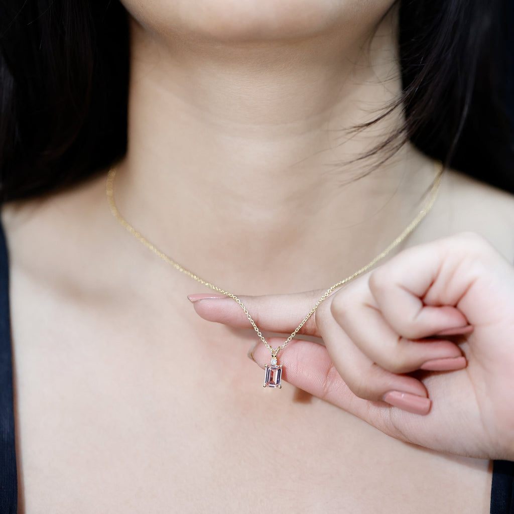 Certified Emerald Cut Morganite Solitaire Necklace with Silver Chain