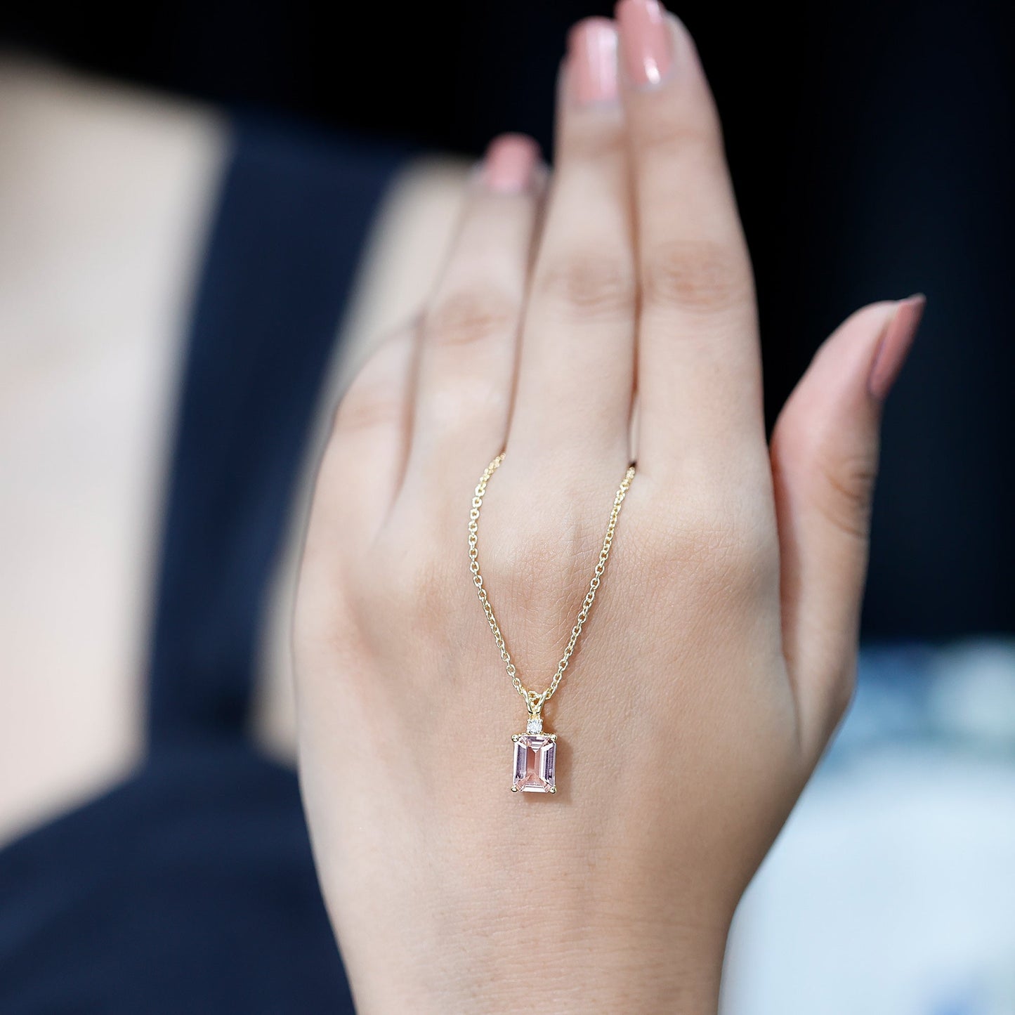 Certified Emerald Cut Morganite Solitaire Necklace with Silver Chain