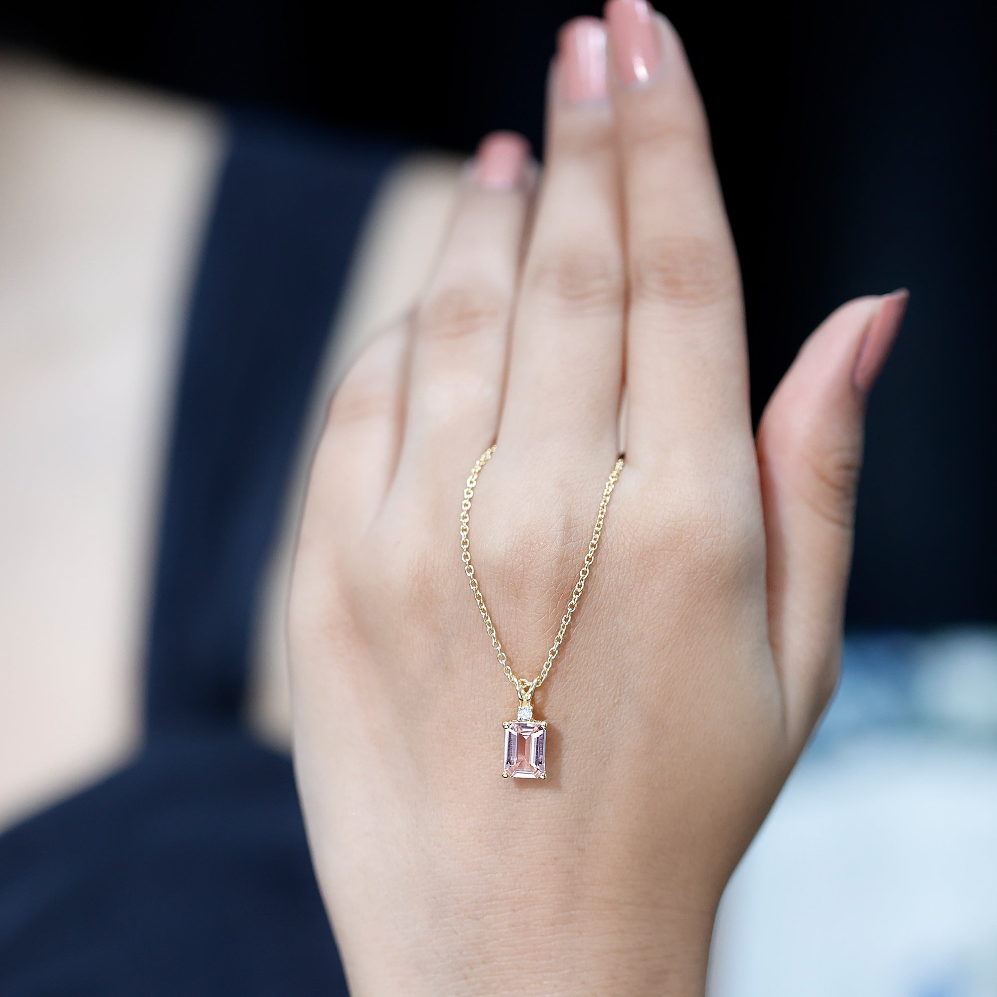 Certified Emerald Cut Morganite Solitaire Necklace with Silver Chain