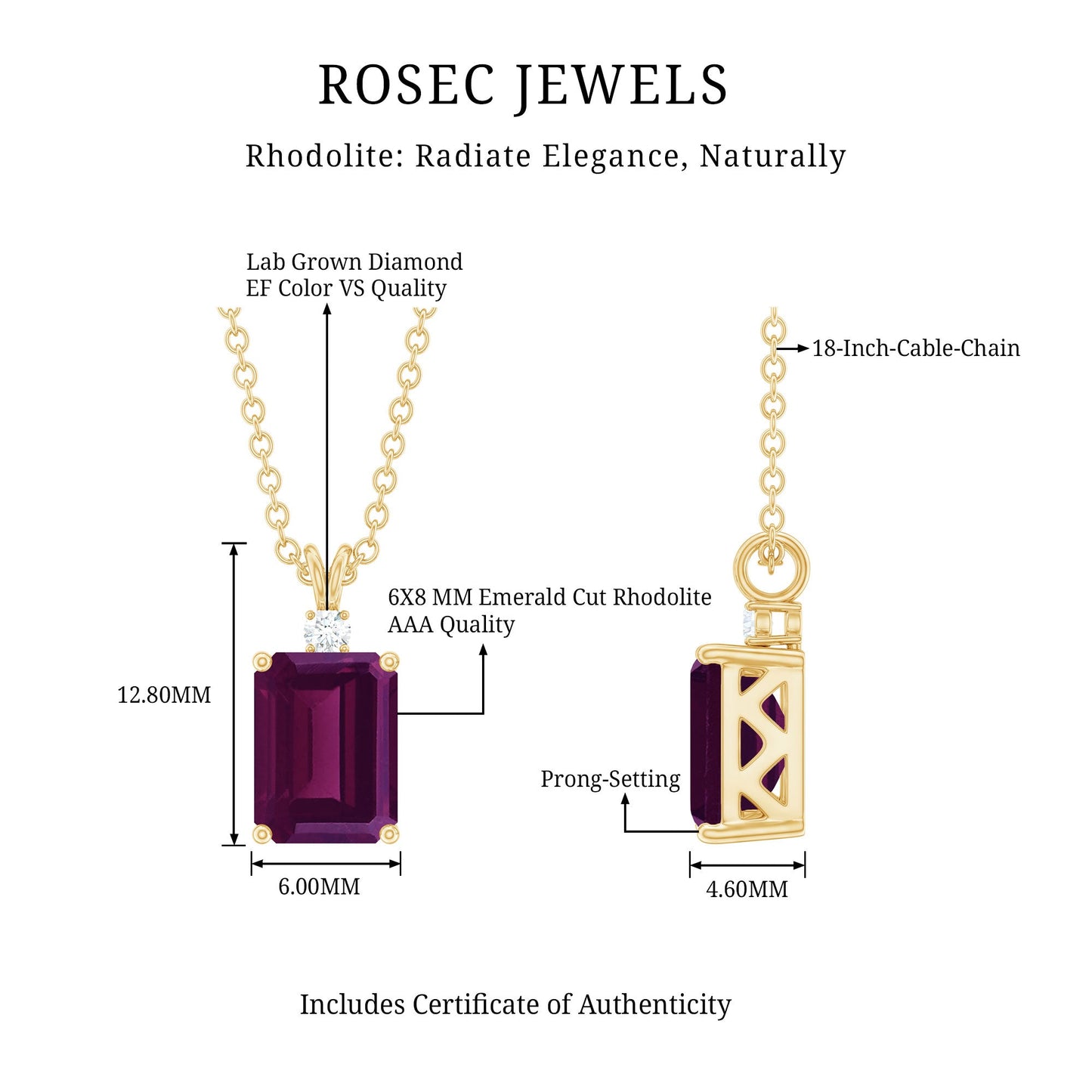 Emerald Cut Rhodolite Solitaire Necklace with Silver Chain
