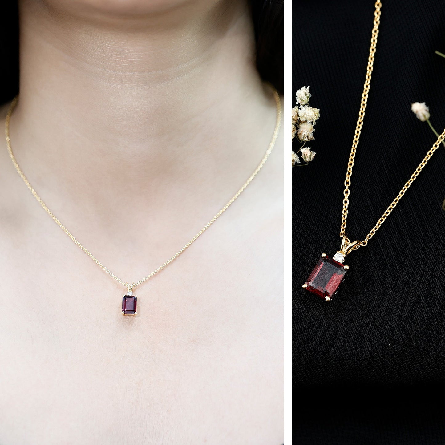 Emerald Cut Rhodolite Solitaire Necklace with Silver Chain
