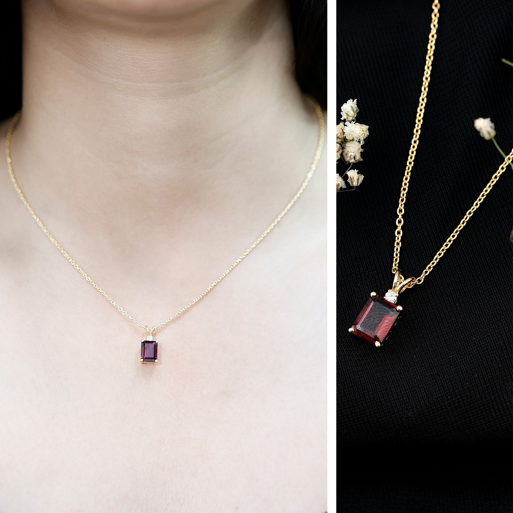 Emerald Cut Rhodolite Solitaire Necklace with Silver Chain