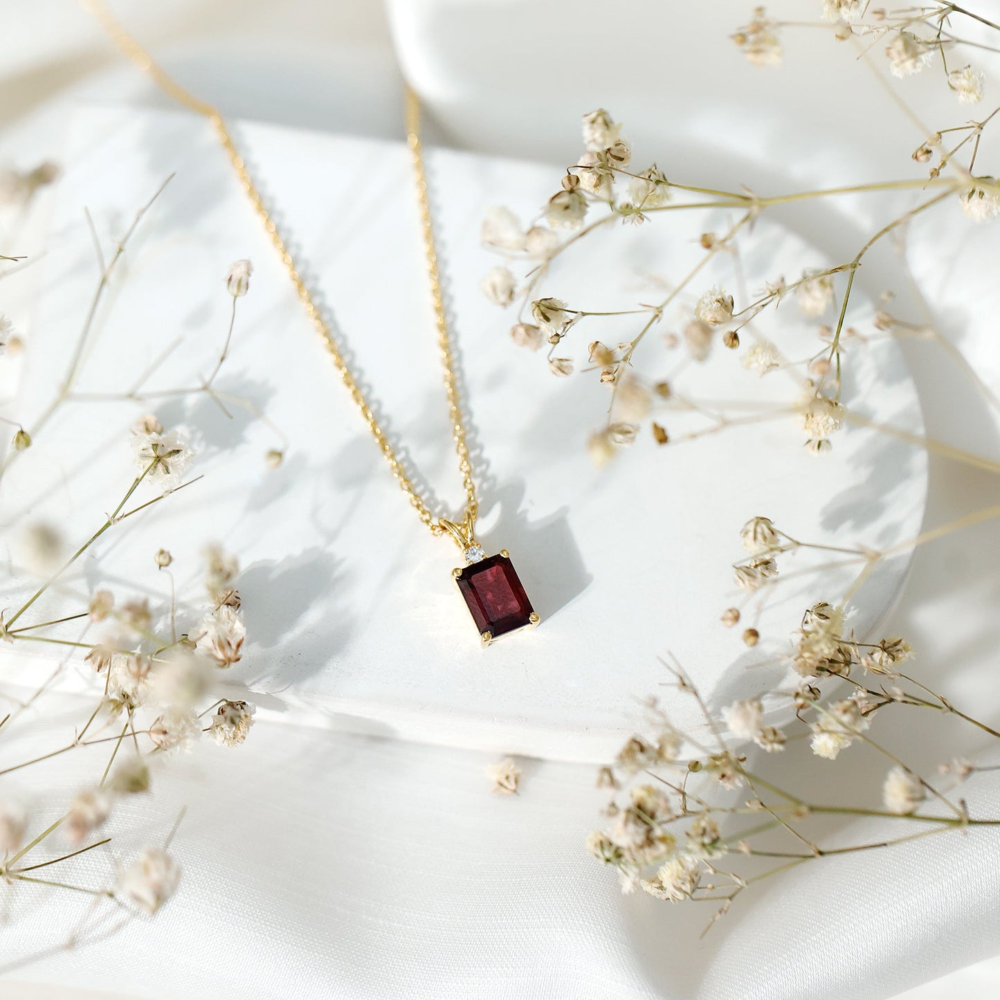 Emerald Cut Rhodolite Solitaire Necklace with Silver Chain