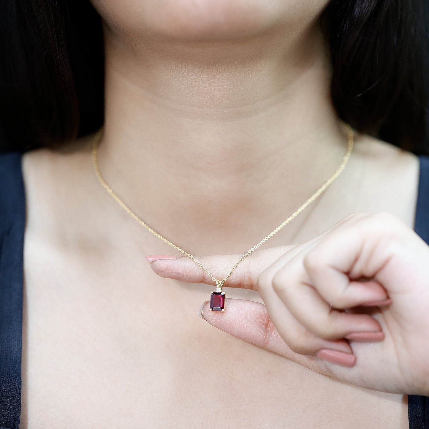 Emerald Cut Rhodolite Solitaire Necklace with Silver Chain