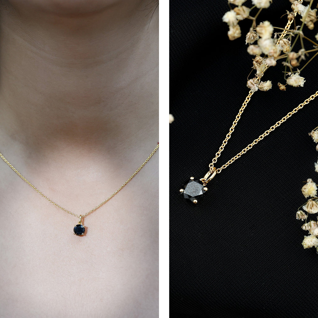 Natural Black Diamond Solitaire Necklace with Silver Chain