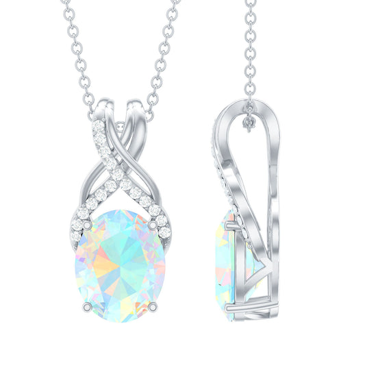 8X10 MM Oval Rainbow Opal Solitaire Necklace with Moissanite