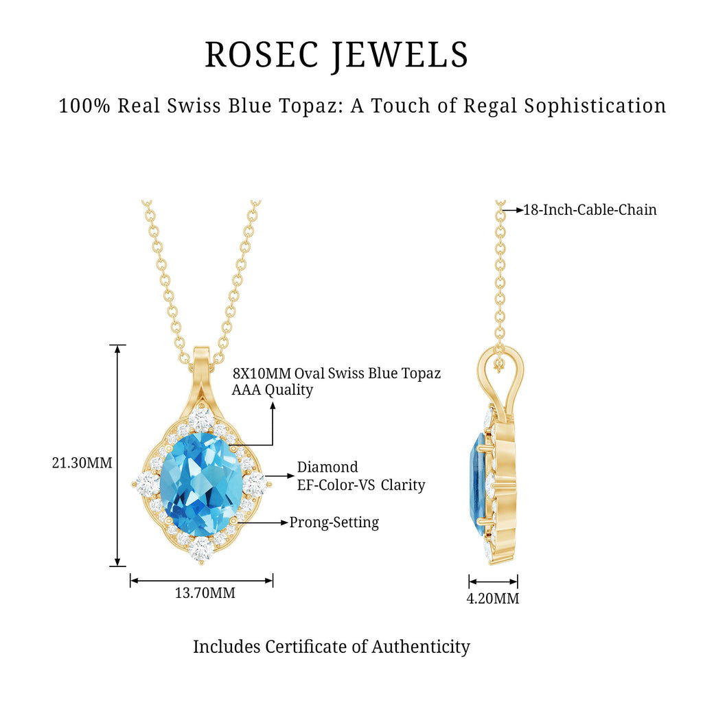 Sterling Silver Swiss Blue Topaz and Diamond Vintage Necklace With Chain