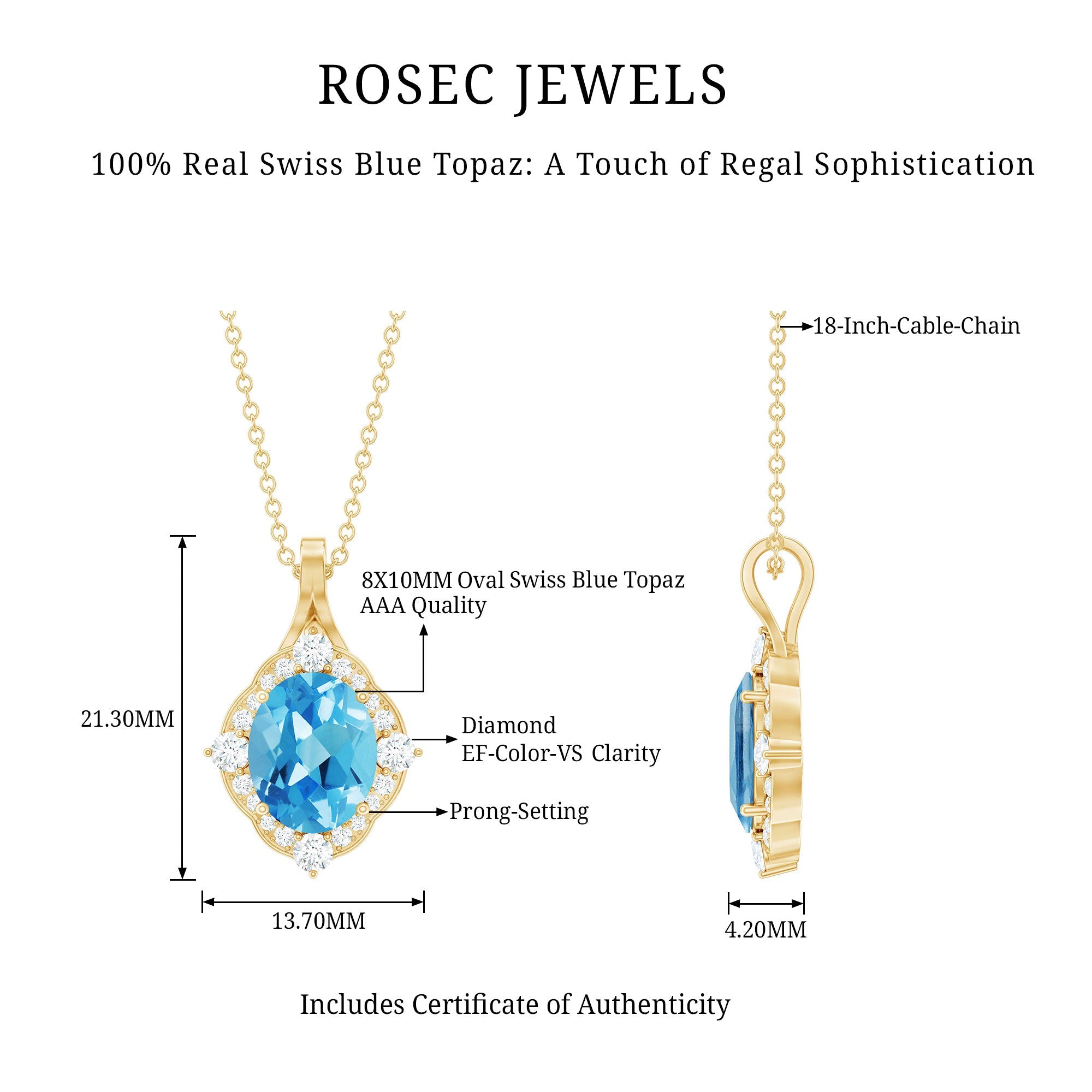 Sterling Silver Swiss Blue Topaz and Diamond Vintage Necklace With Chain