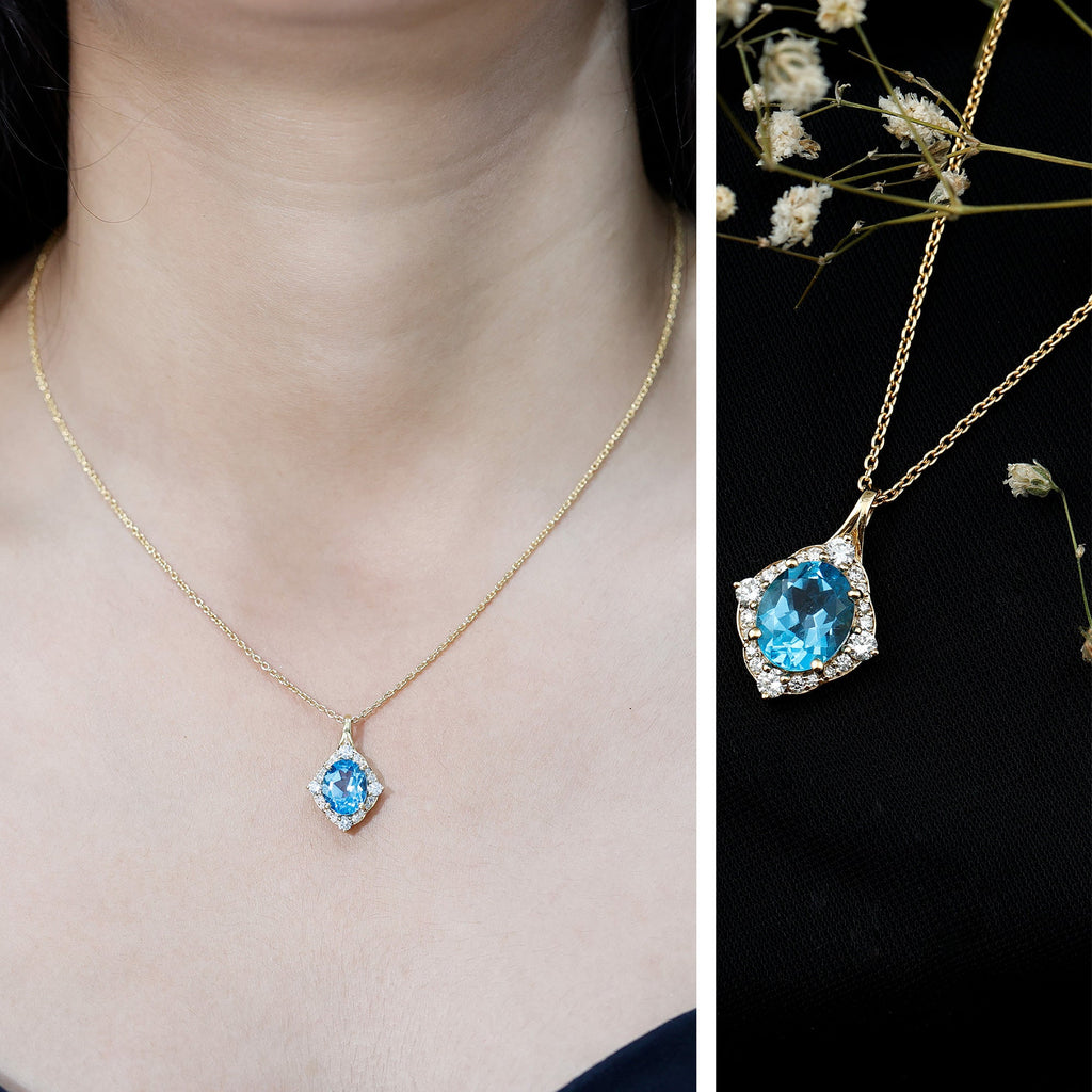 Sterling Silver Swiss Blue Topaz and Diamond Vintage Necklace With Chain