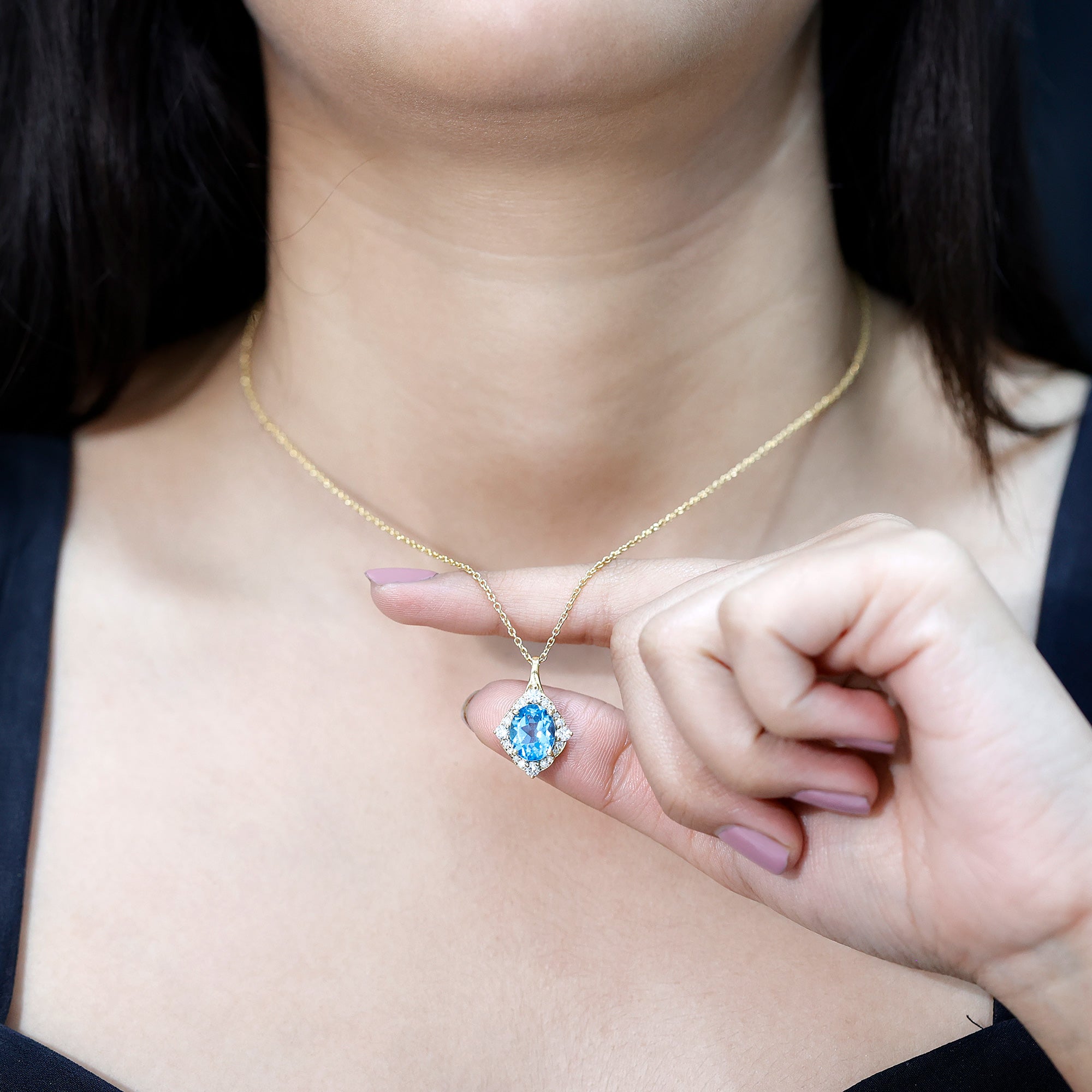 Sterling Silver Swiss Blue Topaz and Diamond Vintage Necklace With Chain