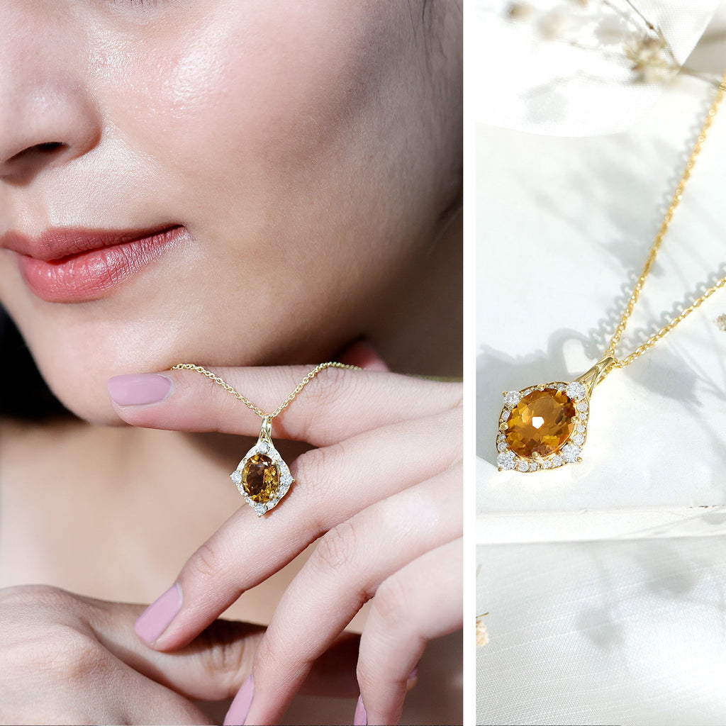 Vintage Looking Citrine Diamond Necklace with Chain