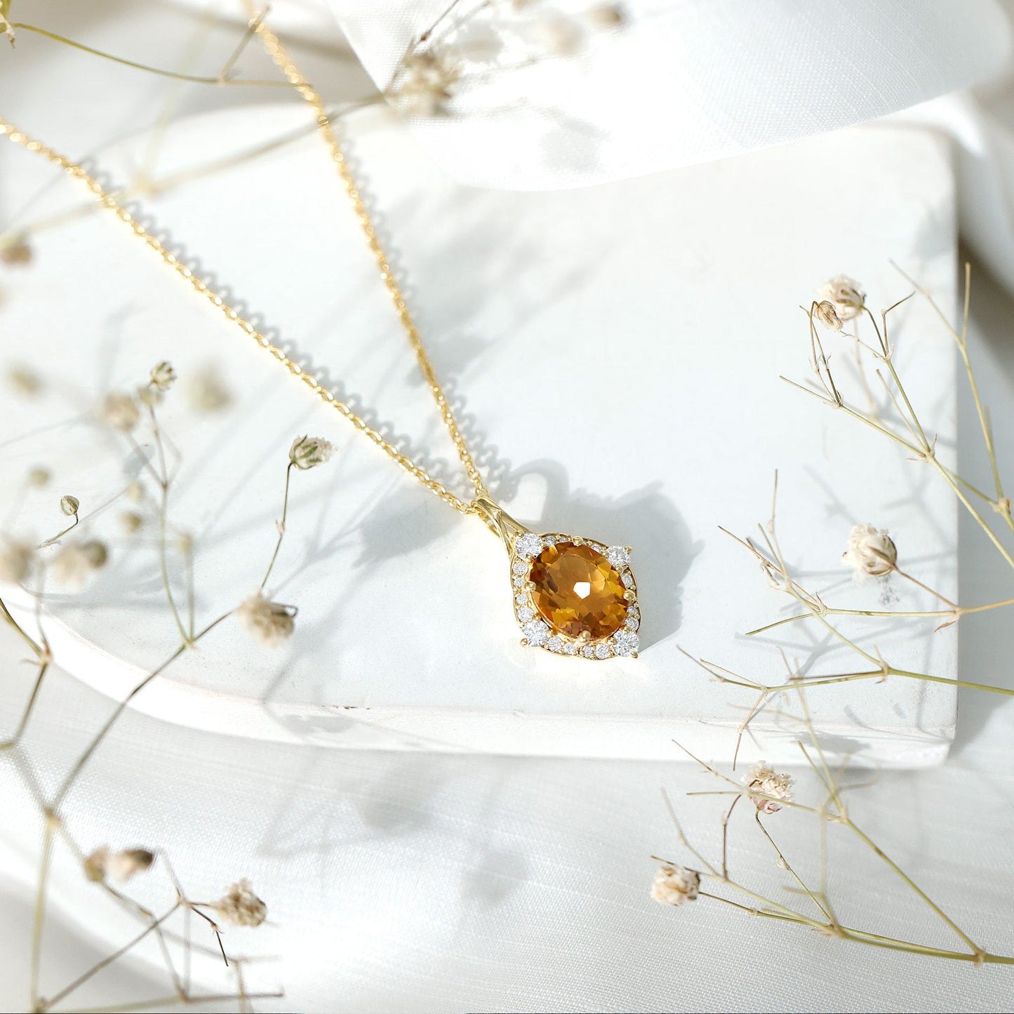 Vintage Looking Citrine Diamond Necklace with Chain