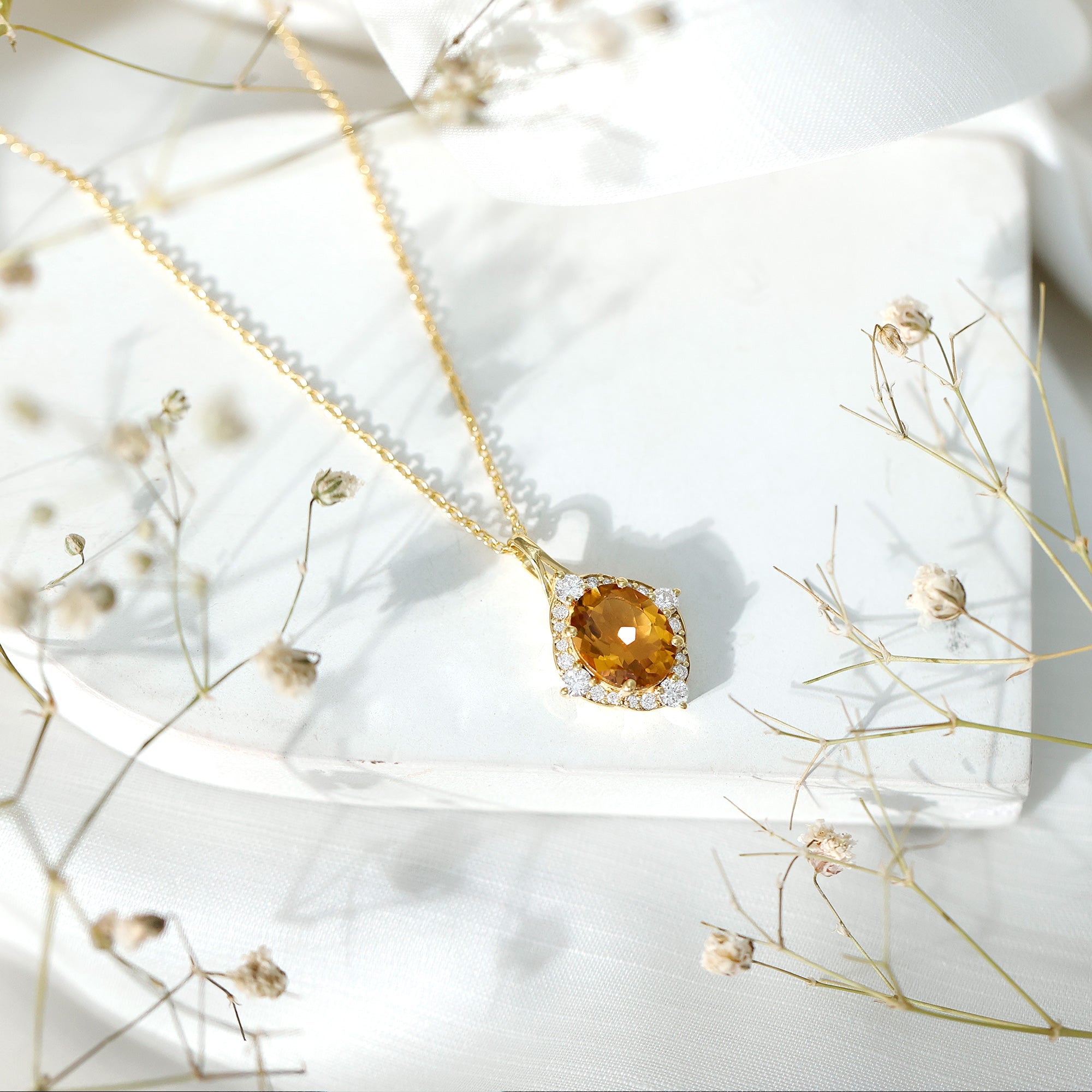 Vintage Looking Citrine Diamond Necklace with Chain