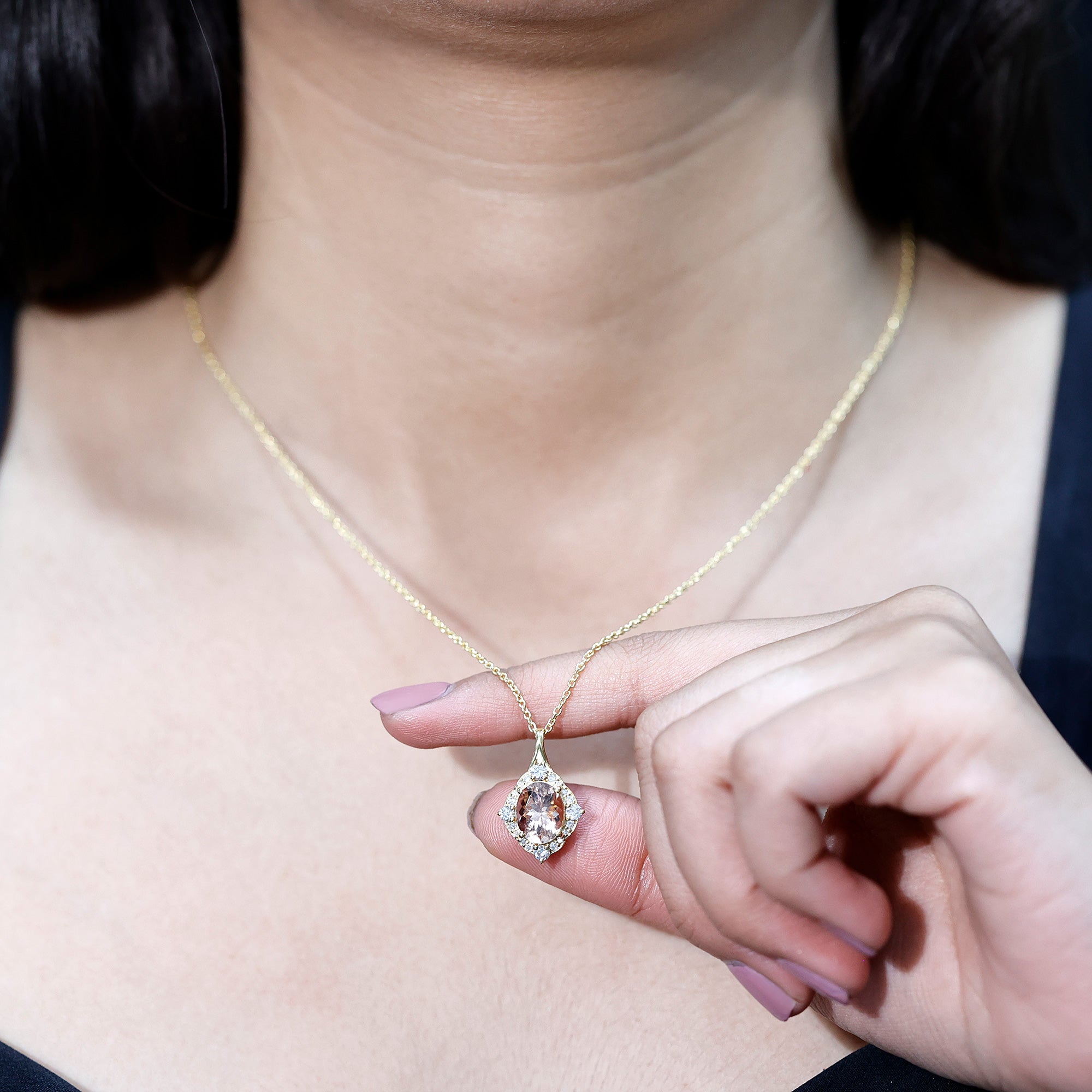 Vintage Inspired Morganite Bridal Necklace with Diamond Halo