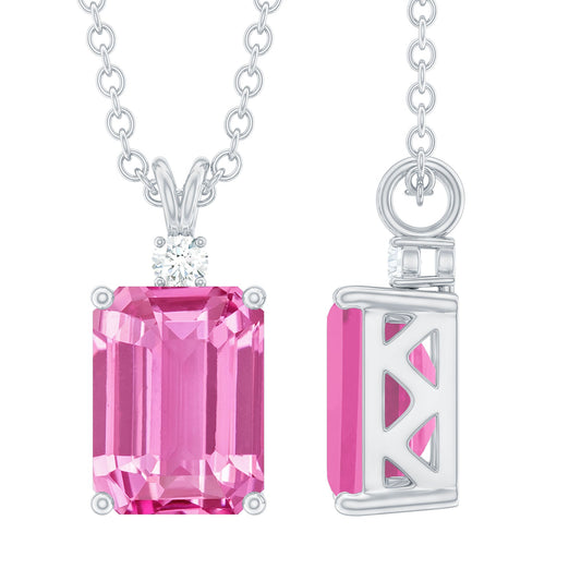 Solitaire Lab Grown Pink Sapphire Emerald Cut Necklace with Silver Chain