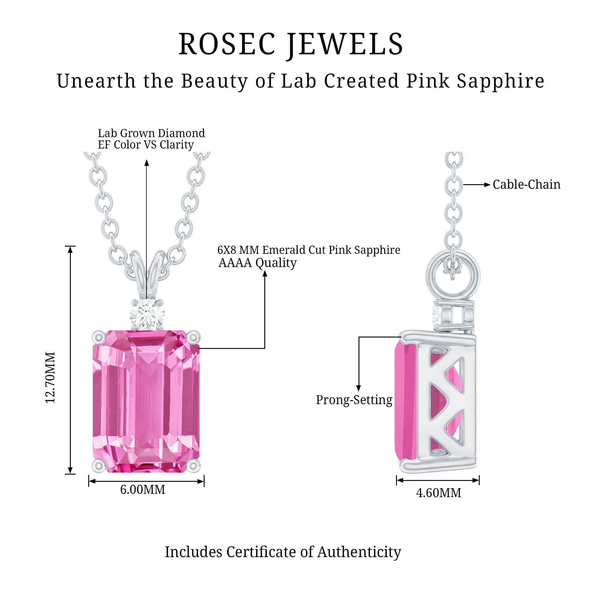 Solitaire Lab Grown Pink Sapphire Emerald Cut Necklace with Silver Chain