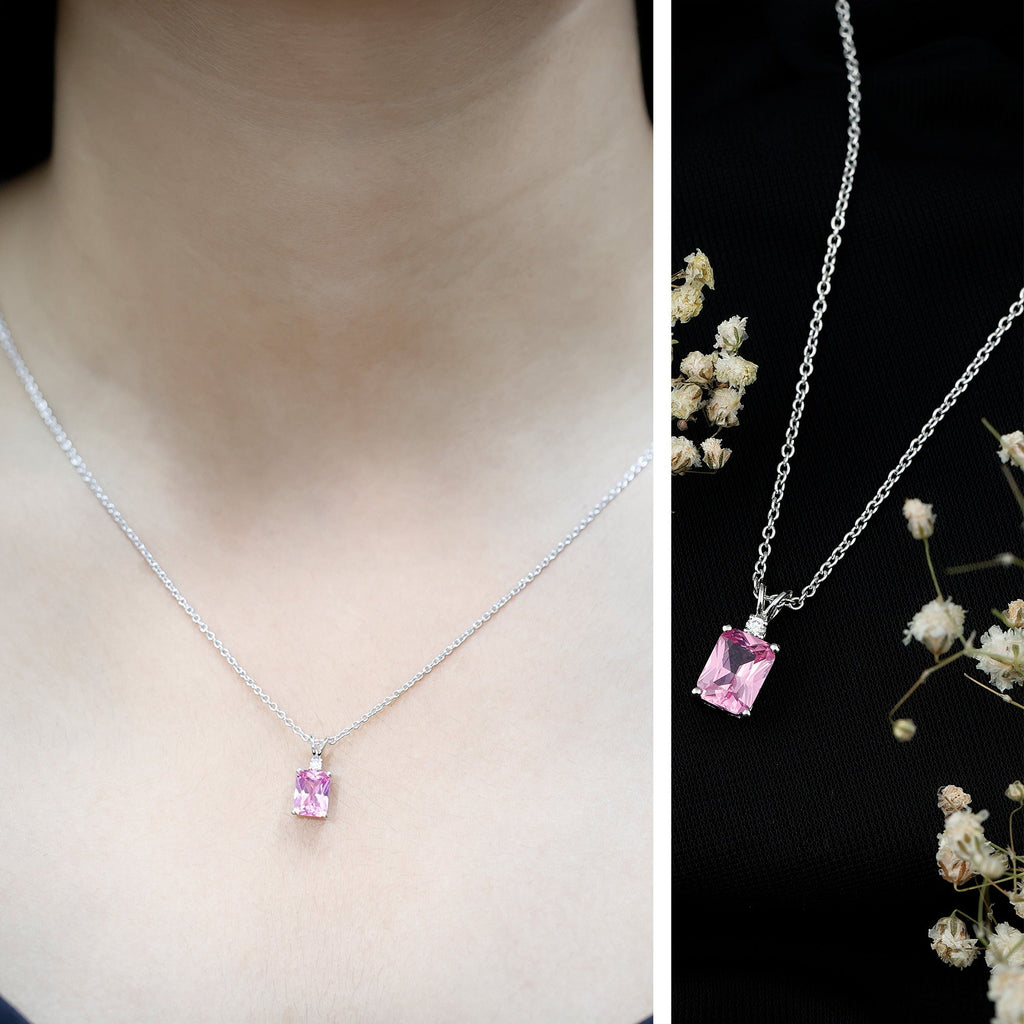 Solitaire Lab Grown Pink Sapphire Emerald Cut Necklace with Silver Chain