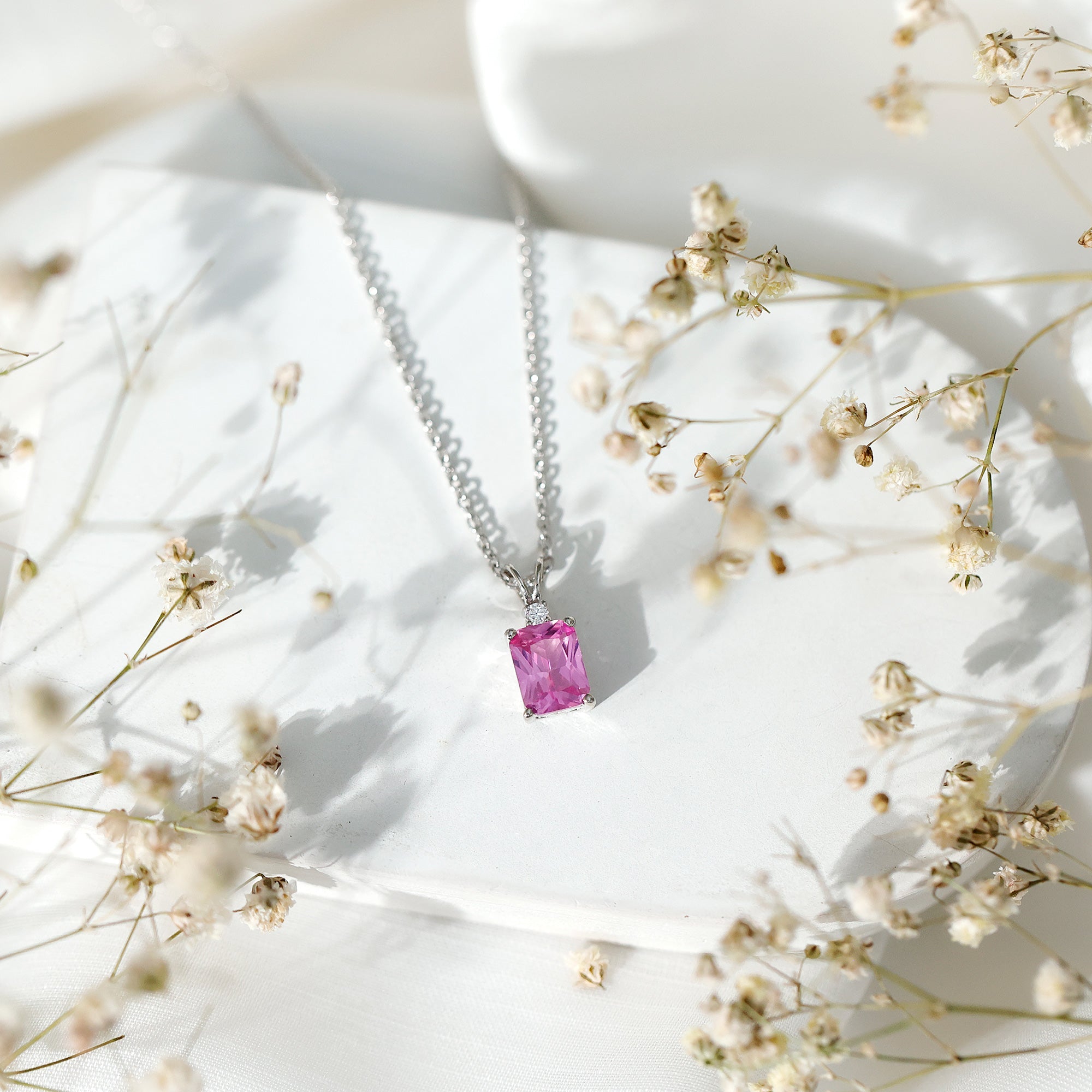 Solitaire Lab Grown Pink Sapphire Emerald Cut Necklace with Silver Chain