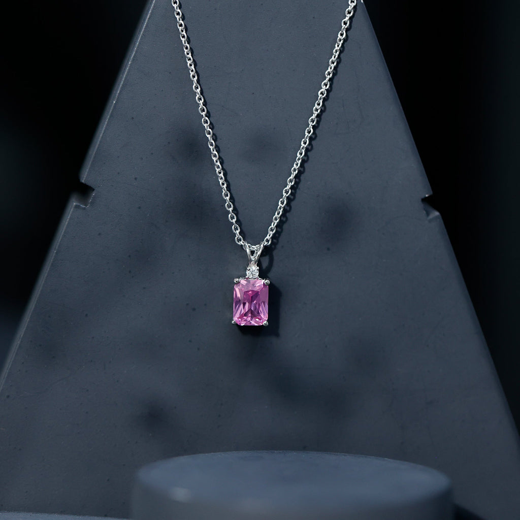 Solitaire Lab Grown Pink Sapphire Emerald Cut Necklace with Silver Chain