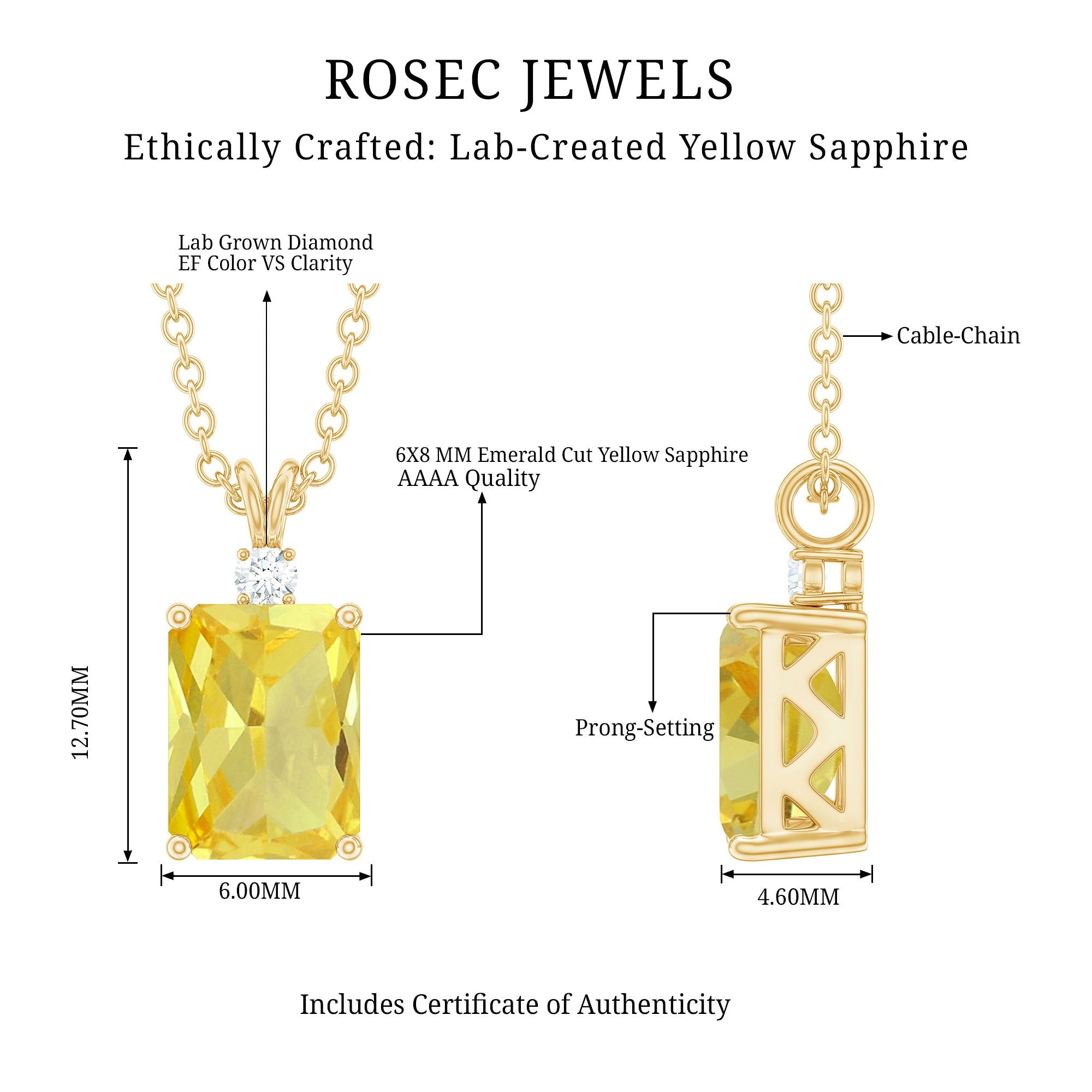 Emerald Cut Lab Yellow Sapphire Solitaire Necklace with Silver Chain
