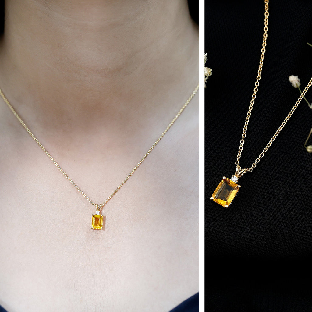 Emerald Cut Lab Yellow Sapphire Solitaire Necklace with Silver Chain