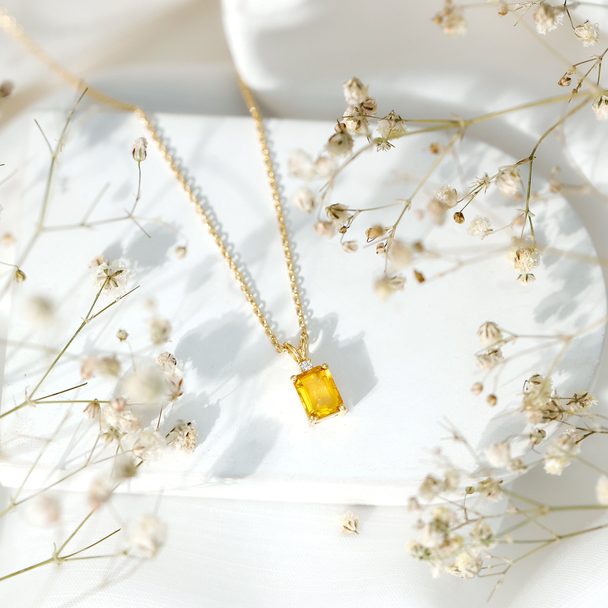 Emerald Cut Lab Yellow Sapphire Solitaire Necklace with Silver Chain