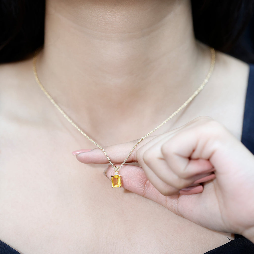 Emerald Cut Lab Yellow Sapphire Solitaire Necklace with Silver Chain