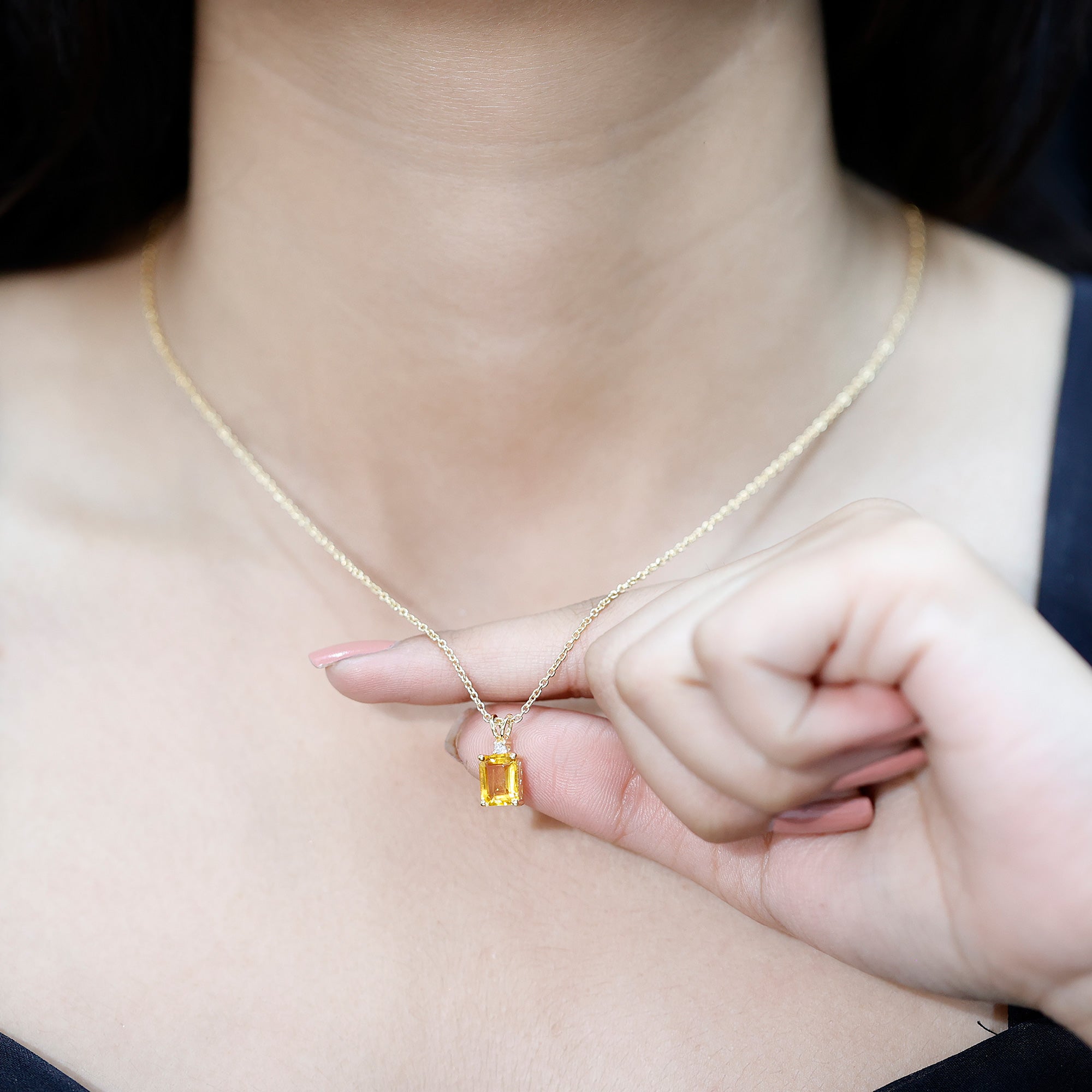 Emerald Cut Lab Yellow Sapphire Solitaire Necklace with Silver Chain