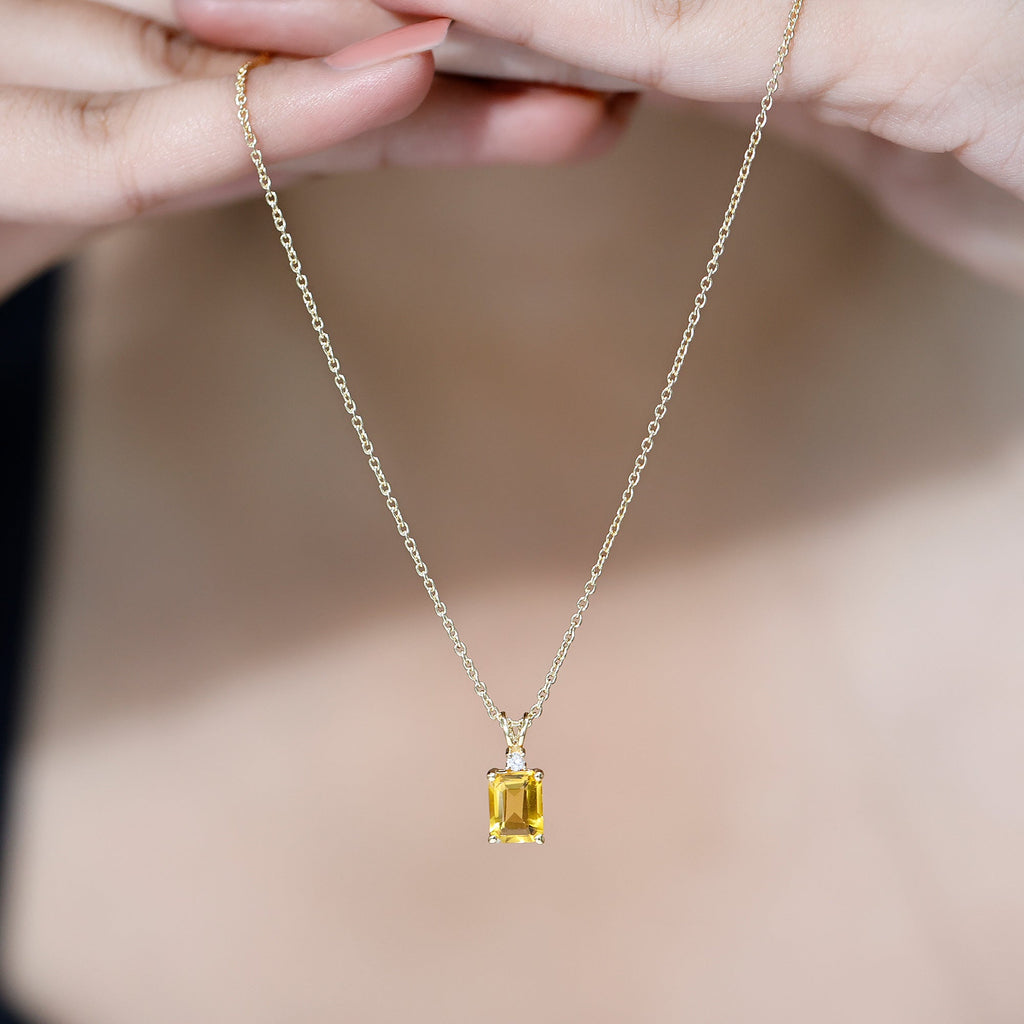 Emerald Cut Lab Yellow Sapphire Solitaire Necklace with Silver Chain