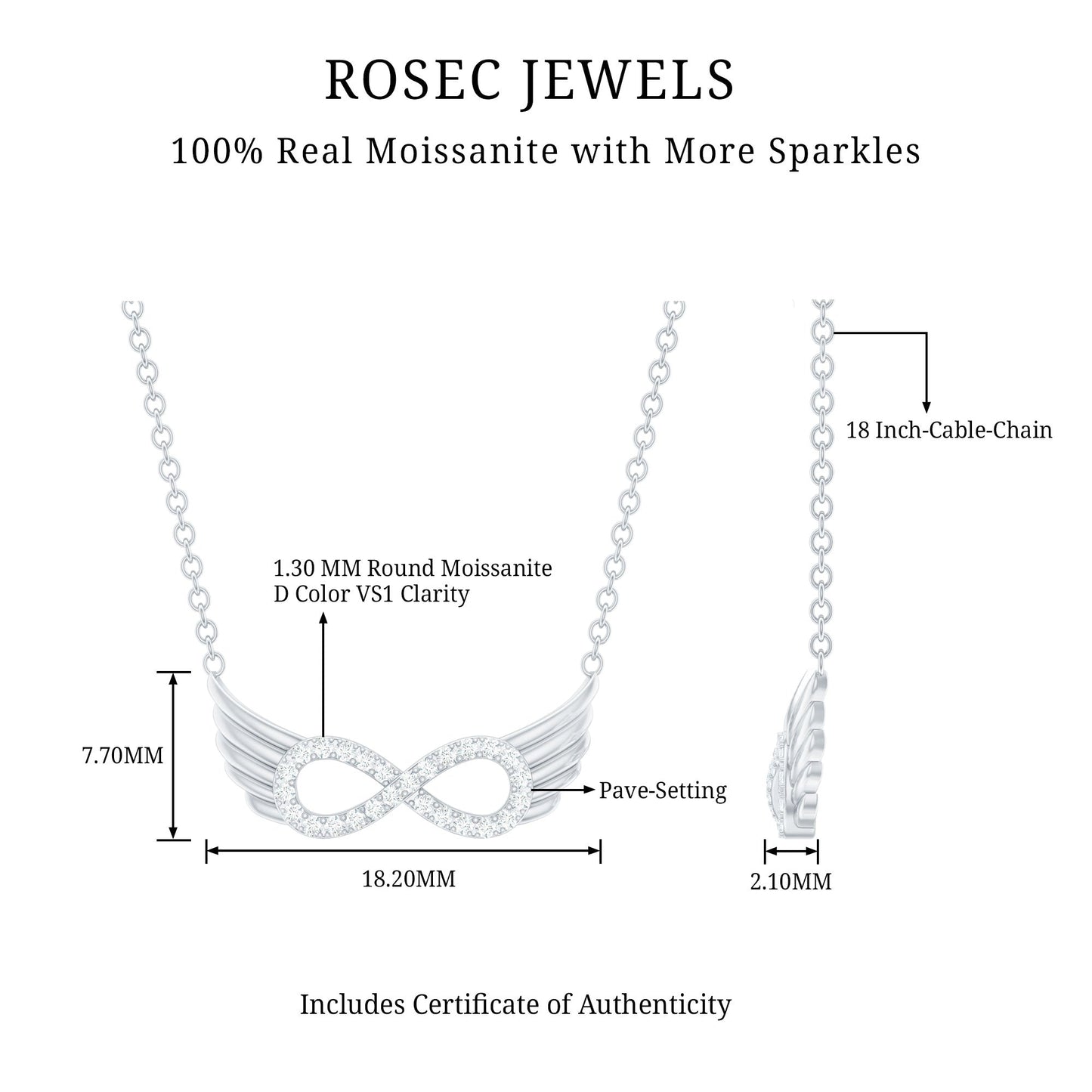 14K Gold Plated Silver Pave Set Moissanite Infinity Necklace with Wings