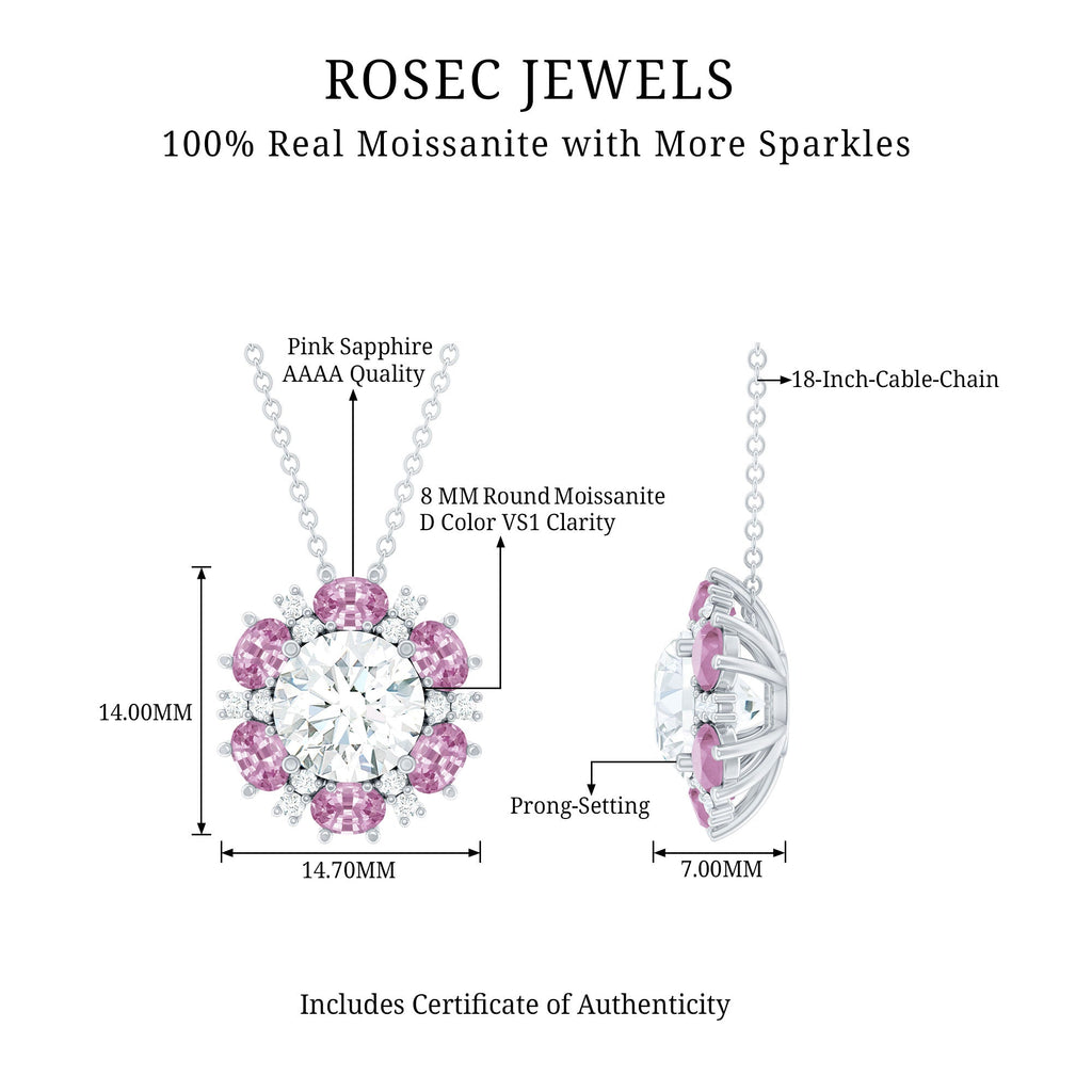Certified 2 CT Moissanite and Lab Grown Pink Sapphire Flower Pendant Necklace
