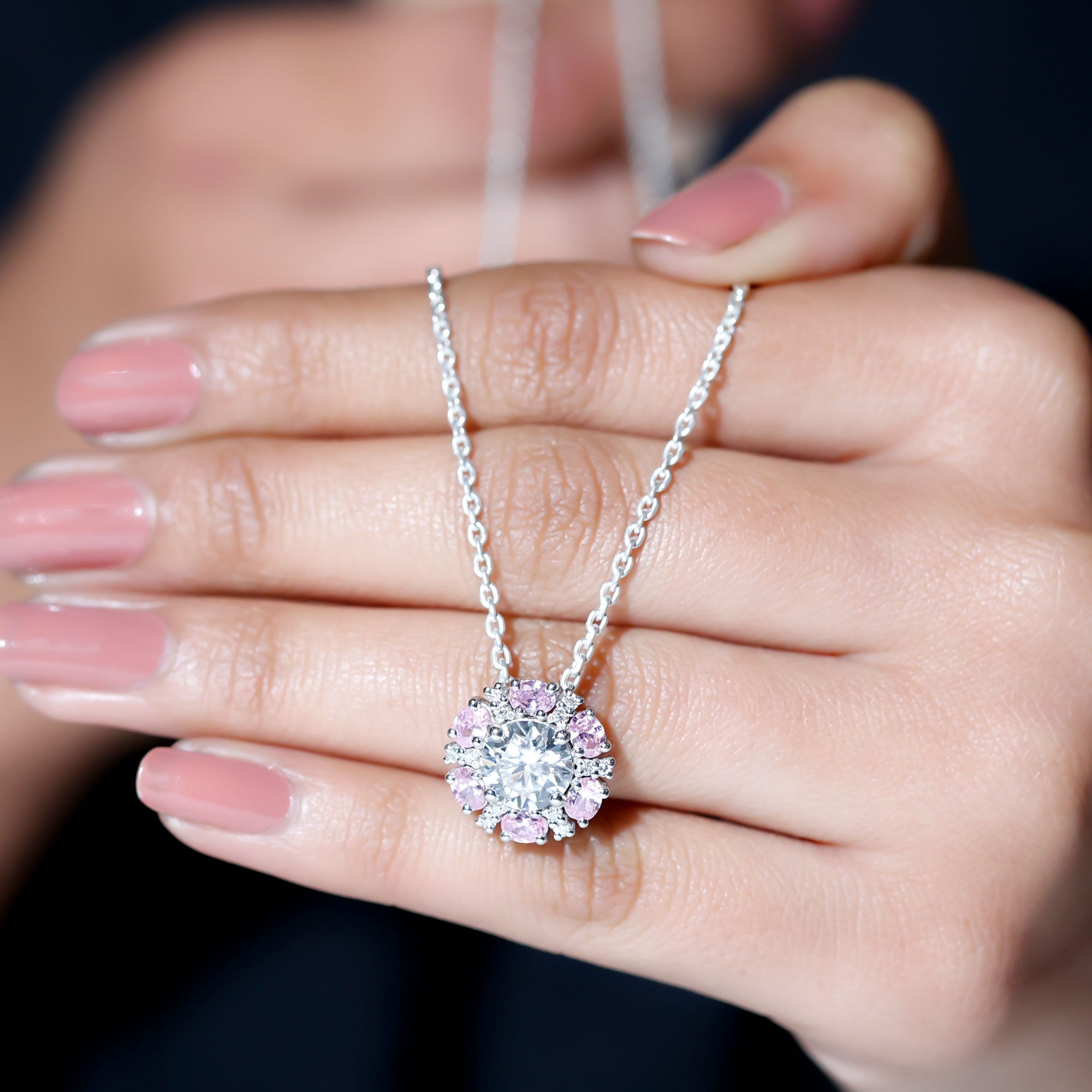 Certified 2 CT Moissanite and Lab Grown Pink Sapphire Flower Pendant Necklace