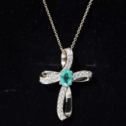 Lab Created Emerald and Moissanite Cross Necklace In Silver