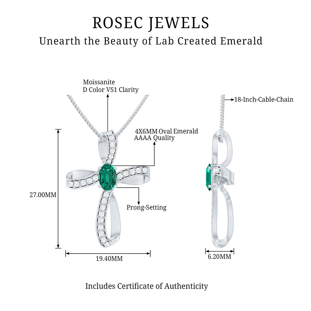 Lab Created Emerald and Moissanite Cross Necklace In Silver