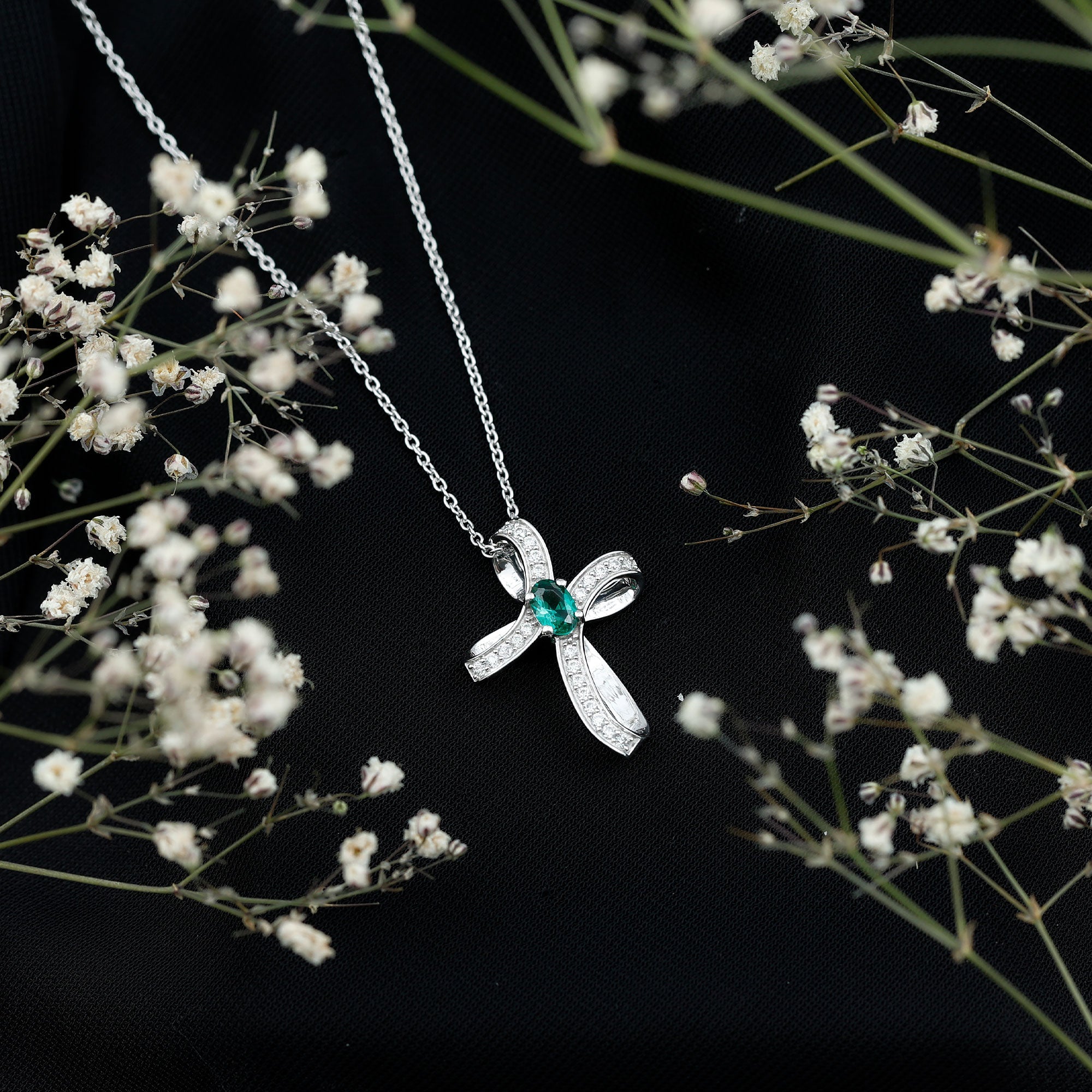 Lab Created Emerald and Moissanite Cross Necklace In Silver