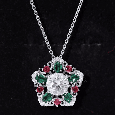 Certified 8MM Moissanite Vintage Flower Necklace with Lab Ruby and Emerald