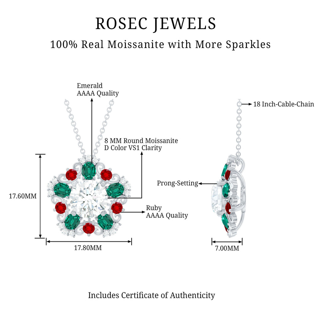 Certified 8MM Moissanite Vintage Flower Necklace with Lab Ruby and Emerald