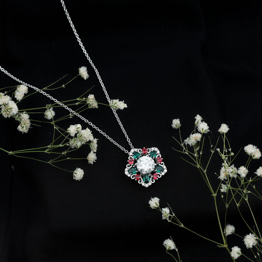 Certified 8MM Moissanite Vintage Flower Necklace with Lab Ruby and Emerald