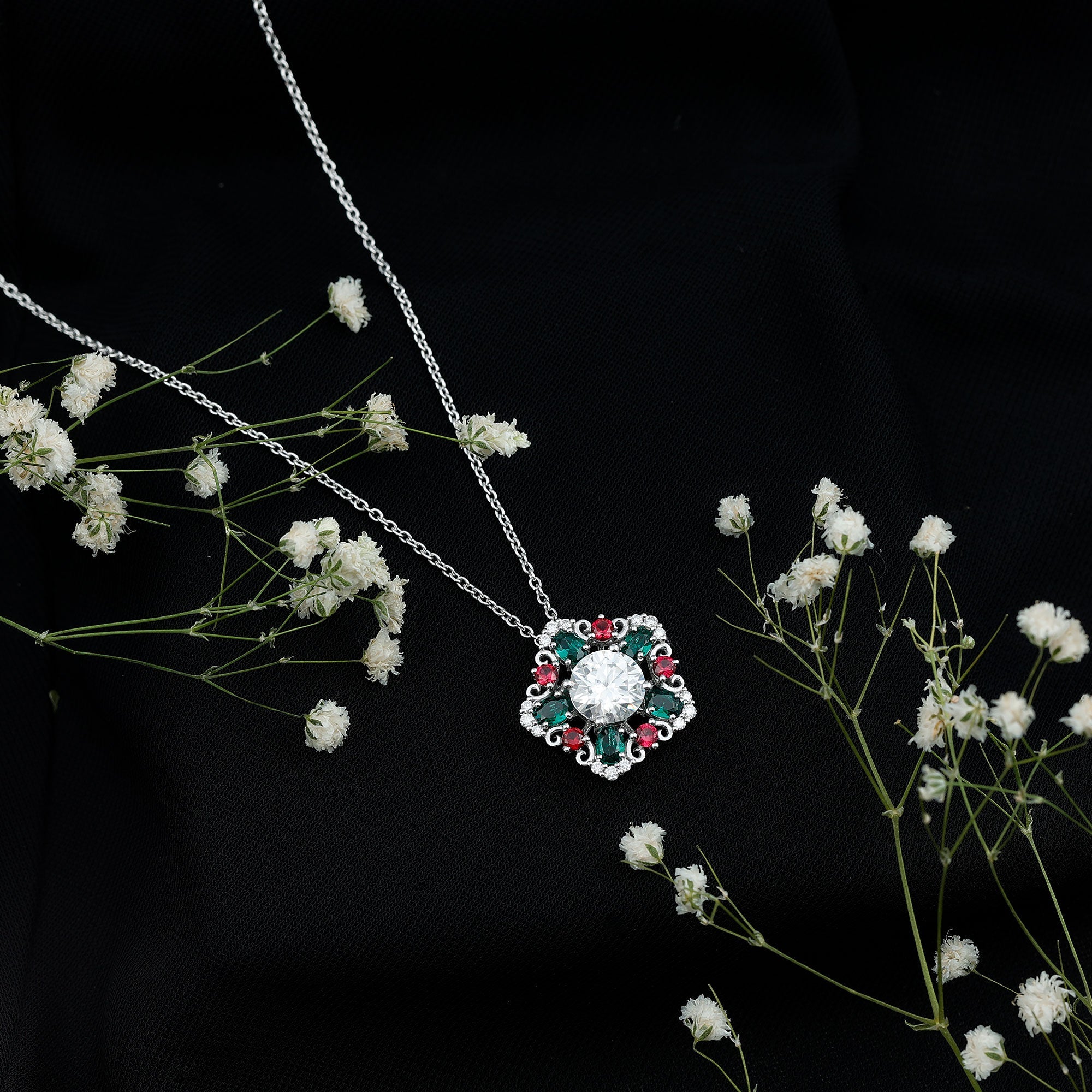 Certified 8MM Moissanite Vintage Flower Necklace with Lab Ruby and Emerald